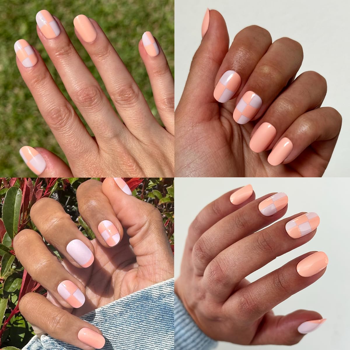 Olive & June Classic Super Stick Mani Press On Nails | No Glue Needed | 32 Tab Nails 16 Sizes | Non-Toxic Tabs Non-Damaging 7-Day Wear | Spring Flowers & Patterns | Short, Round| Sherbert Checker