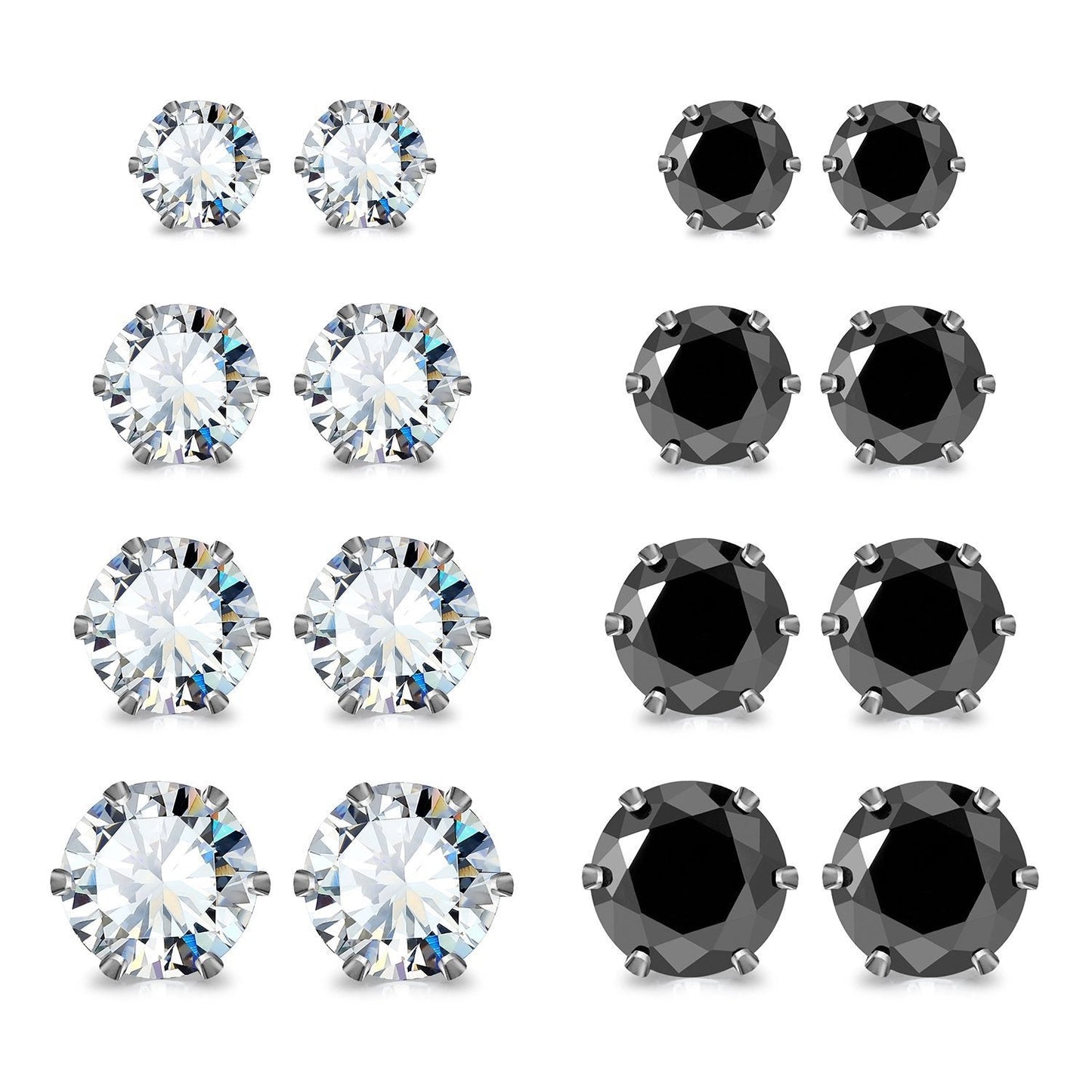 JewelrieShop Earrings for Women Studs Set Stainless Steel CZ Earing Hypoallergenic Multiple Piercing Ear Stud (8 pairs,4-8mm,White,Black CZ)