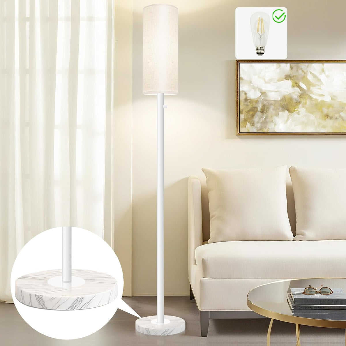 Floor Lamp for Living Room,Dimmable Floor Lamp with LED Bulb,Modern Standing Lamp with Marble Base,Tall Standing Lamps for Living Room,Bedroom,Office,Reading and Nursery(White)