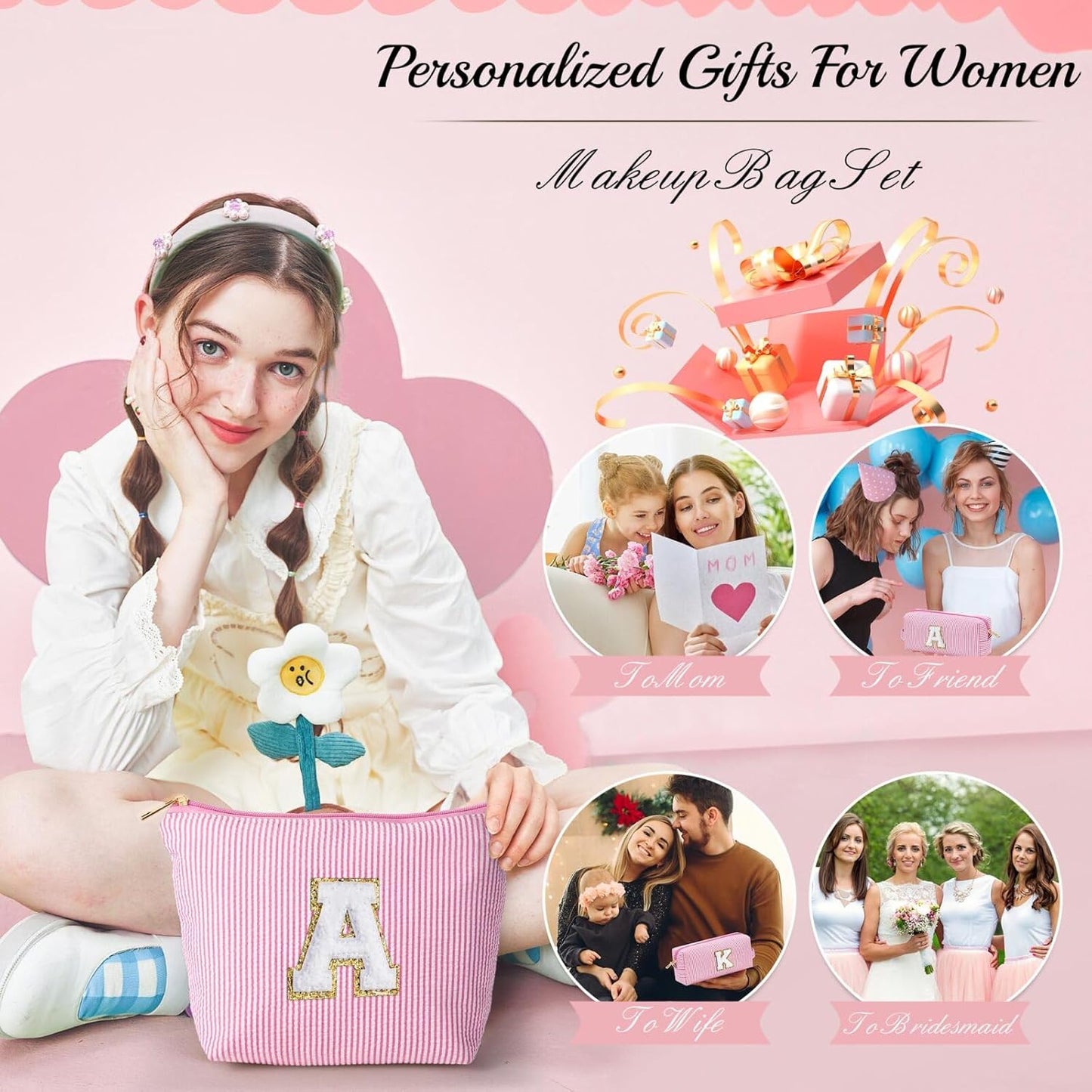 YOOLIFE Preppy Makeup Bag for Women - Personalized Cute Makeup Pouch for Girlfriend Bridesmaid Wife | Cosmetic Travel Toiletry Bag for Friend | Birthday Gift Idea for Her Mom Preppy Stuff Pink C