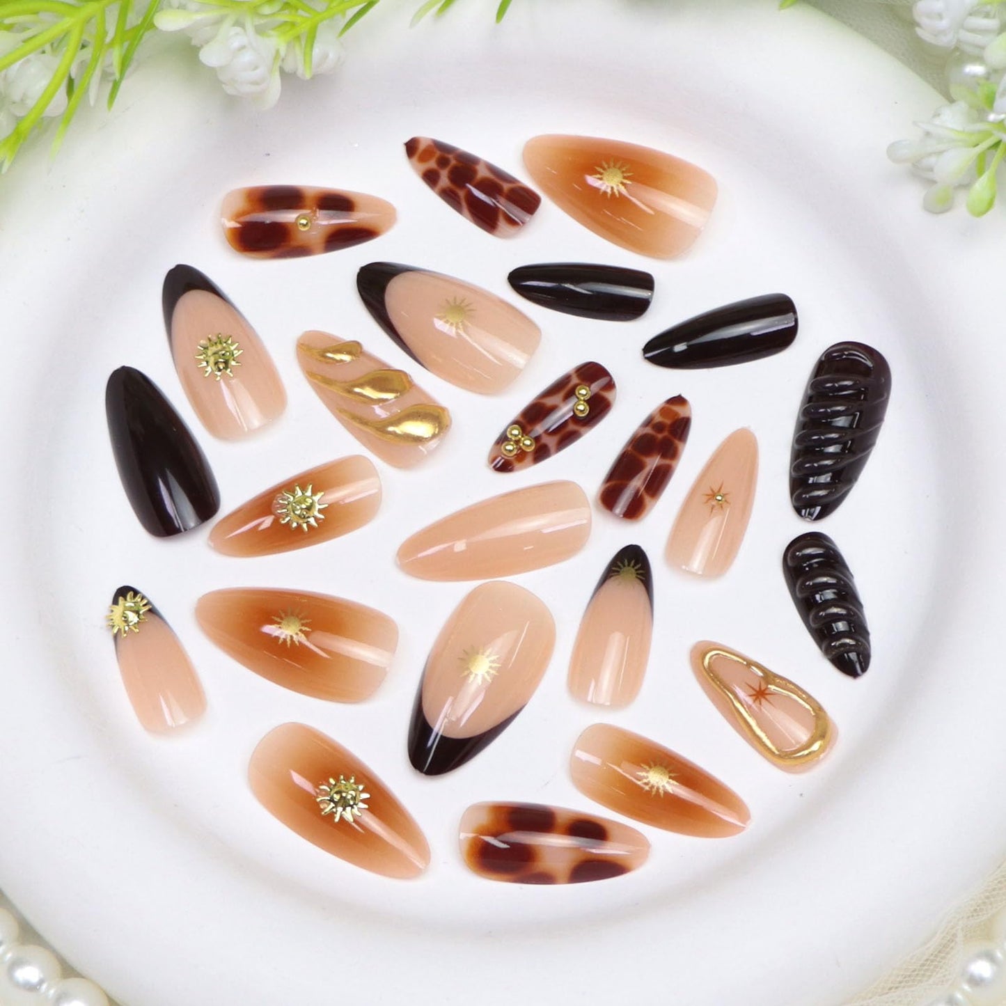 Press on Nails Medium Almond False Nails with 3D Water Ripples Stars Pearls Irregular Pattern Designs Dark Brown French Nails Press ons Glossy Glue on Nail Nude Fake Nails for Women Girls 24Pcs
