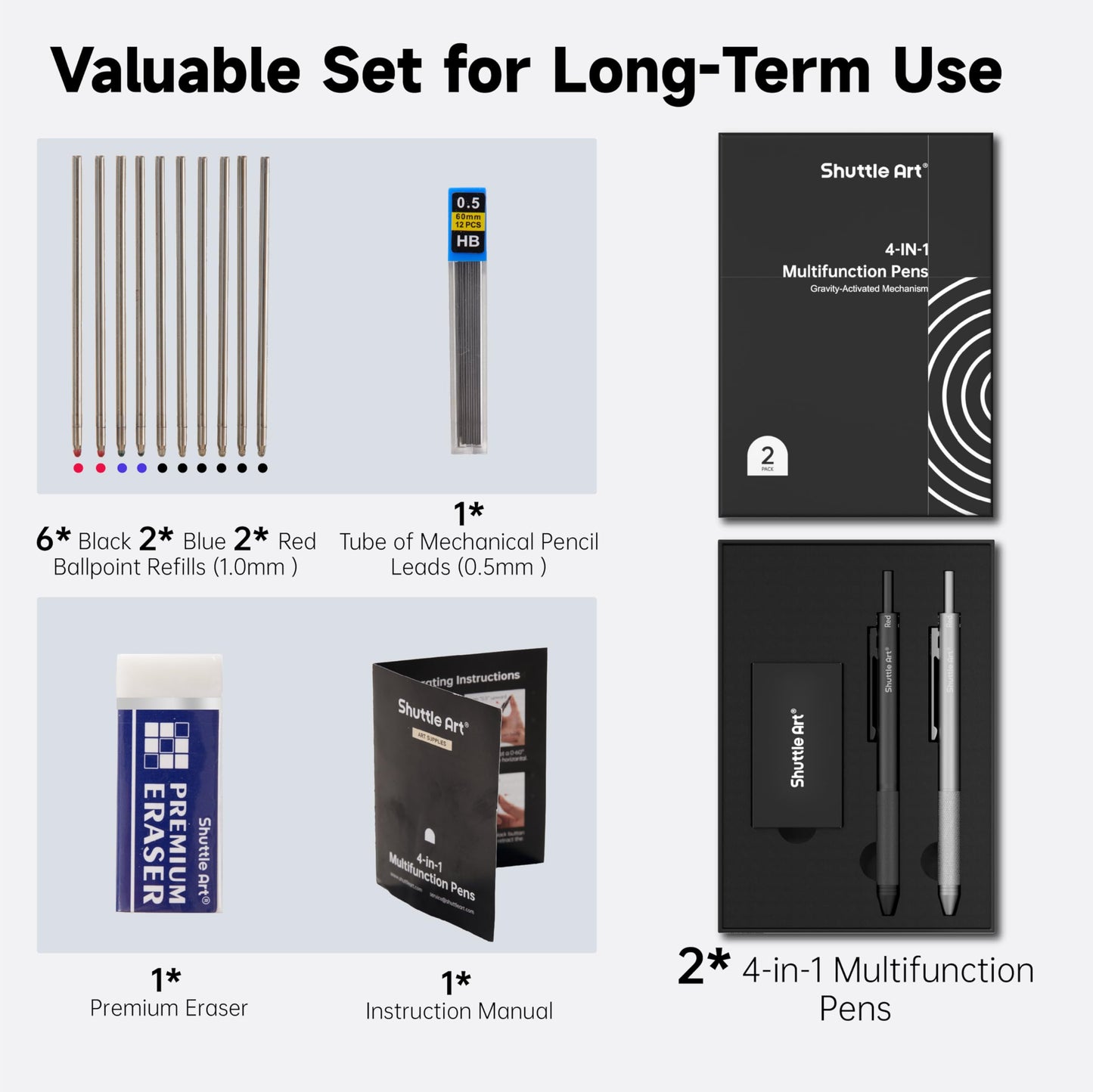 Shuttle Art 4 in 1 Gravity-activated Multicolor Pen, 2 Pack Retractable Ballpoint Pens with 1.0mm Black Blue Red Ink and 0.5mm Mechanical Pencil, Pens Gift Set for Writing Note Taking School Office
