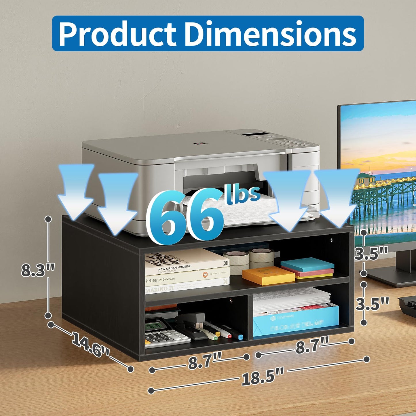 ALISENED Printer Stand for Desk, 2-Tier Wooden Desk Organizer with Adjustable Compartments, Heavy Duty Desktop Stand for Printer Scanner Monitor, Space Saving Office Organization and Storage, Black
