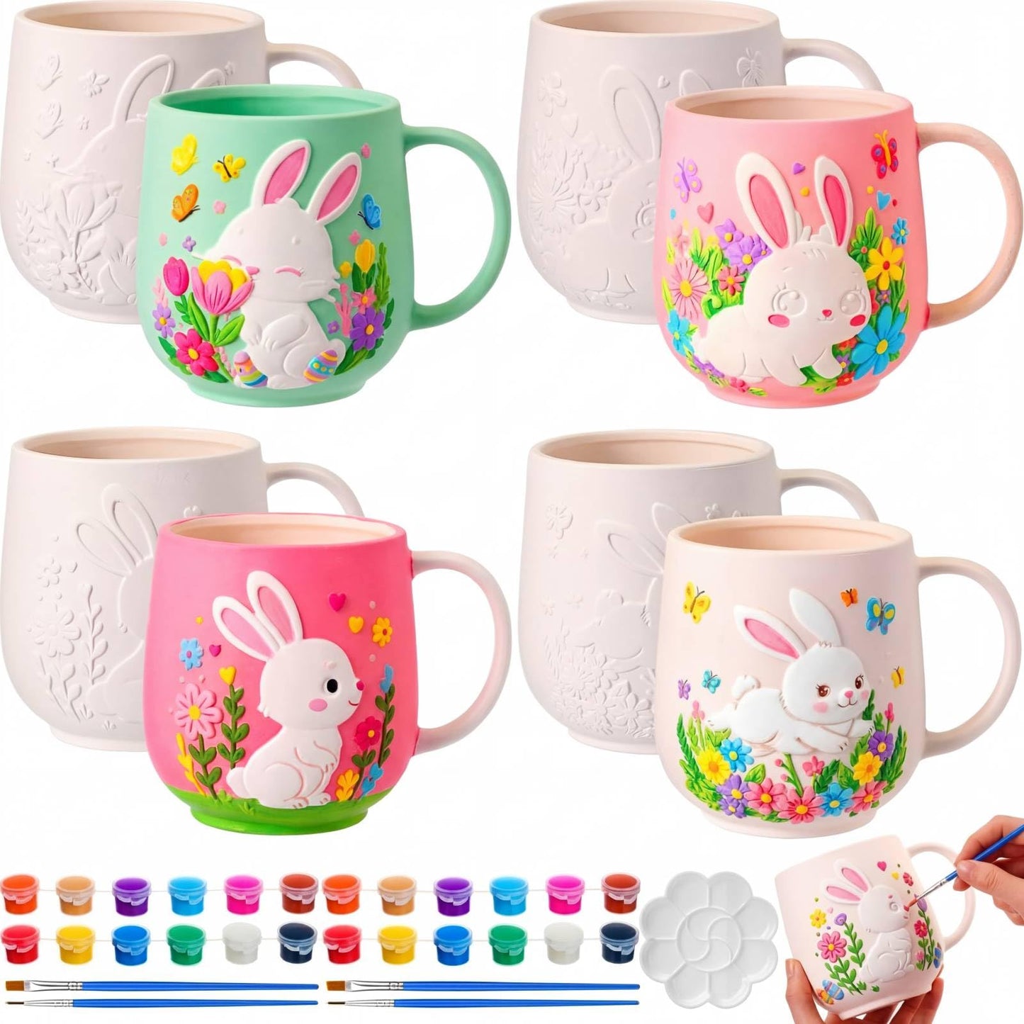 Zubebe 4 Sets Easter Paint Your Own Mugs Craft Kit, Bunny Ceramic to Paint, DIY Mugs for Adults, Festive Coffee Tea Cup for Adults with Painting Set for Easter Basket Stuffers Family Party Favors Gift