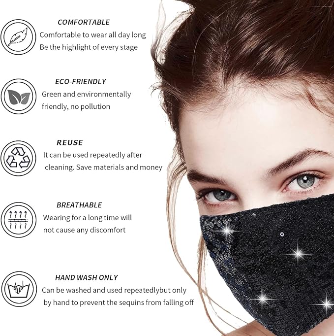 6 Pcs Washable Glitter Bling Women Face Mask. Breathable Reusable Adjustable Fashion Masquerade Facemasks With Pocket.