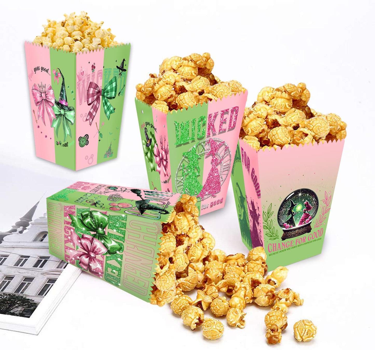 24pcs Witch theme Party Popcorn Boxes ,Green and Pink Popcorn Treat Boxes Dessert Cookie for Birthday Party Decorations