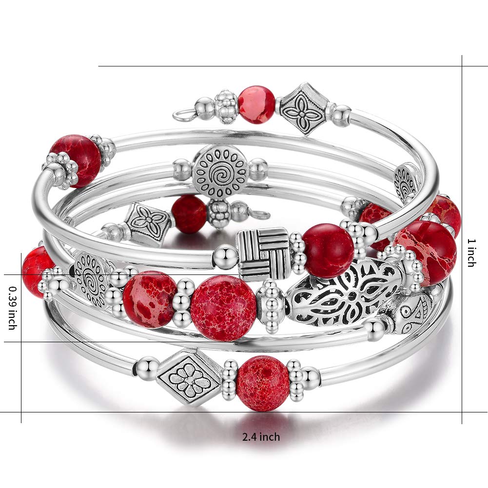 BULINLIN Layered Wrap Bangle Turquoise Bracelet - Bead Bracelet with Natural Agate Stone, Gifts For Women (13-Imperial red)
