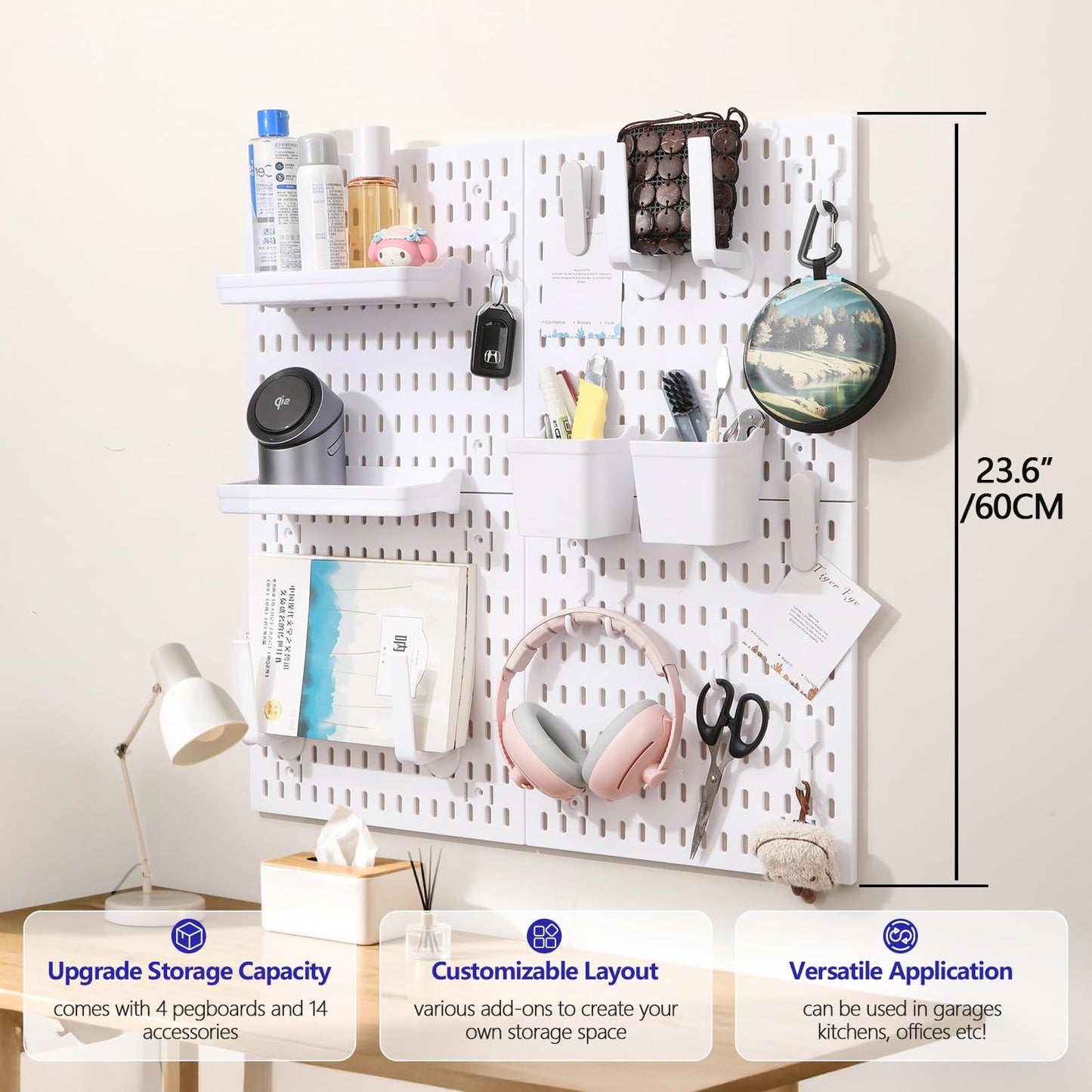 Hellpnoom Pegboard Combination Kit, Modular White Pegboard Wall Organizer with 4 Pegboards & Accessories Hanging for Gaming Office Wall Storage Organizer, Crafts Displays
