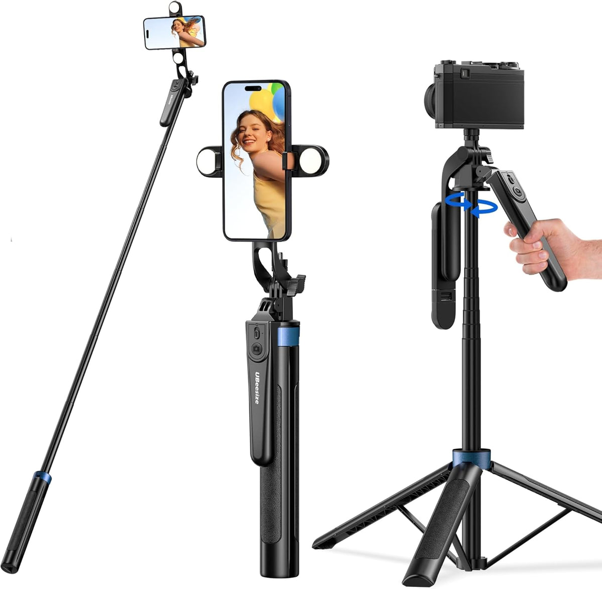 UBeesize 64'' Extendable Phone Tripod & Selfie Stick with Light and Remote, Adjustable Tripod Stand for iPhone 11-16, Android, GoPro, Cameras, Travel Vlogging & Video Recording