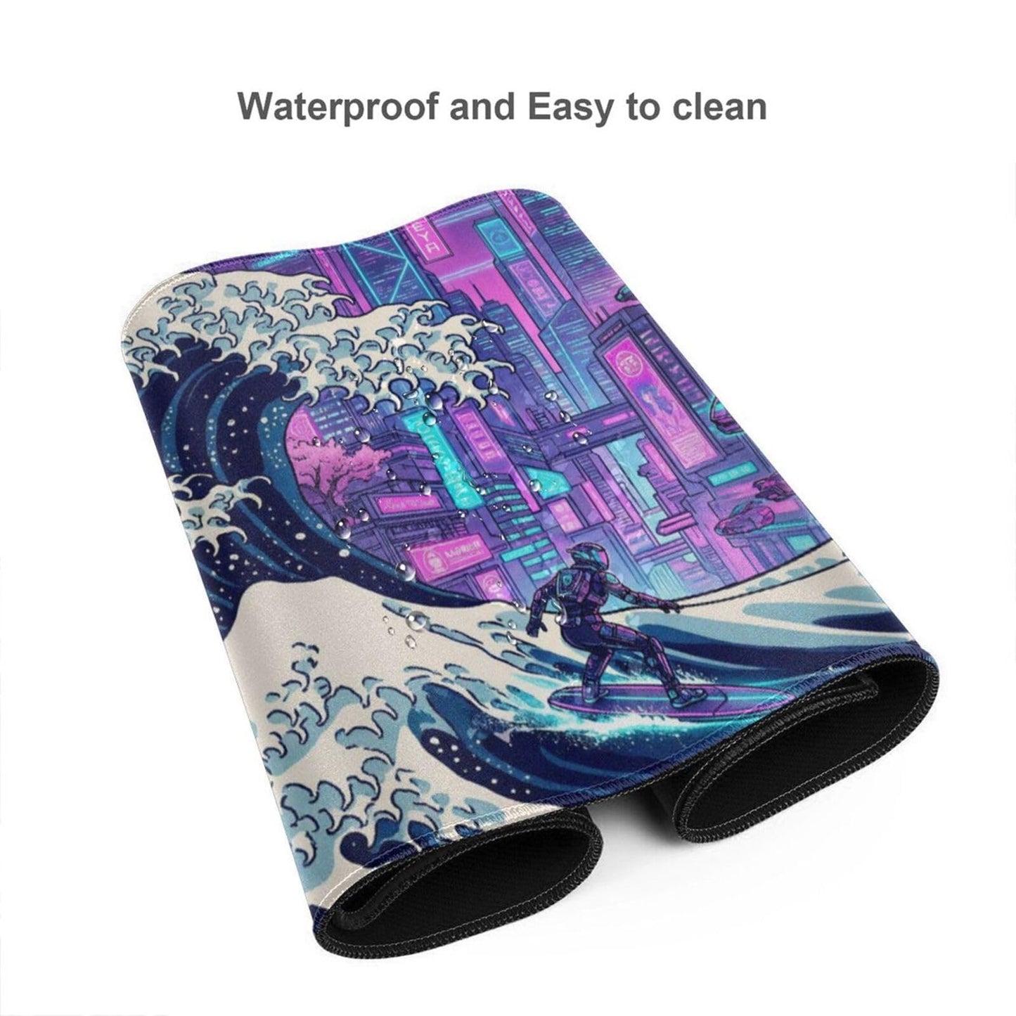 AQQA Cyberpunk Great Wave Gaming Mouse Pad - Japanese Aesthetic Large Desk Mat - XXL Extended Mousepad for Gamers, Neon Retro Wave City Art, Water-Resistant Non-Slip Rubber Base, 31.5"x15.7"