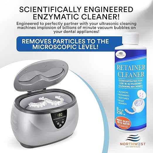 NORTHWEST ENTERPRISES Ultrasonic Retainer Cleaner Solution Concentrate for Ultrasonic Machines - Cleans Mouthguards, Invisalign & Nightguards - Odor, Stain & Discoloration Remover (8 oz)