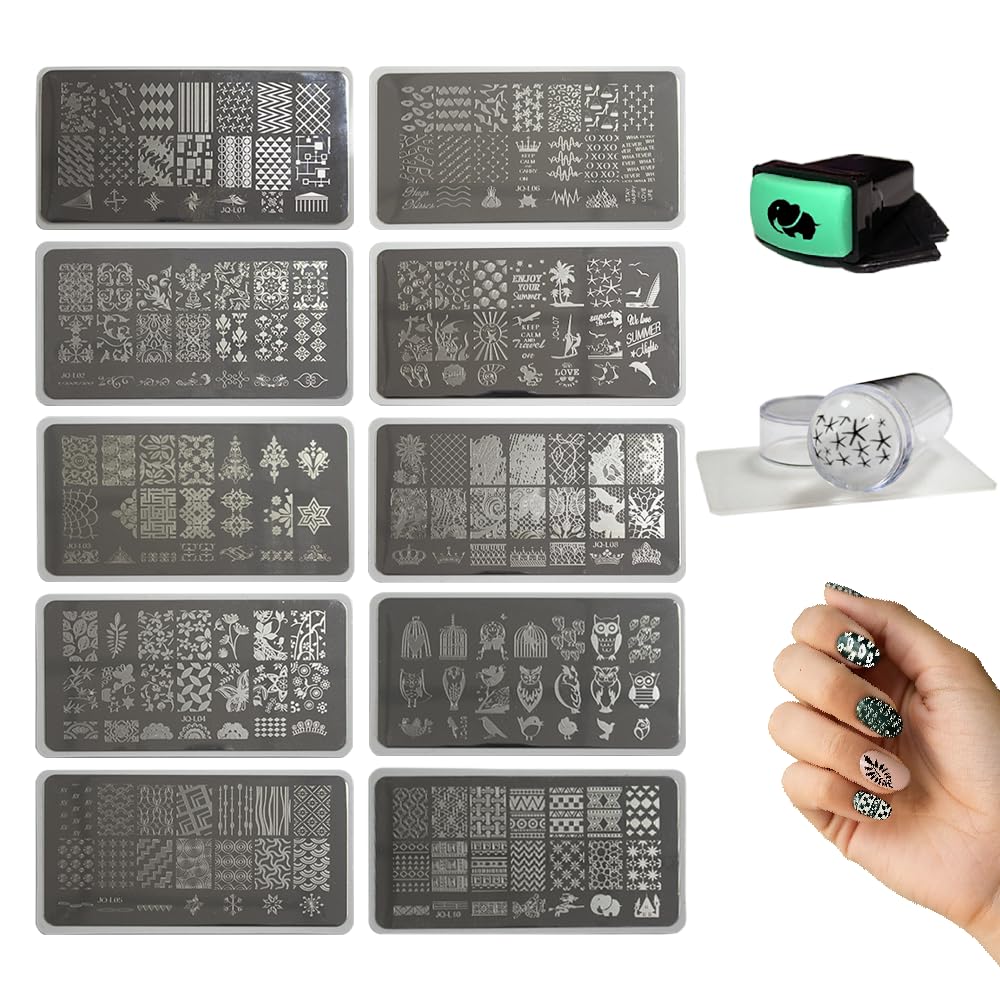 BeautyLeader 10 Nail Plates Mix Designs Nail Art Image Stamp Stamping Plates Manicure Template Nail Art Tools +2 Pcs Stamper DIY Stamping Plate（1-10）