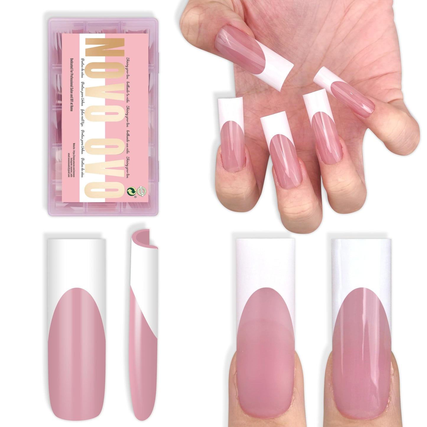 NOVO OVO Long Sharp Square White French Tip Nail Tips Press on BERRY PINK, Extra Thick NEED Builder Gel & Top Coat & Glue, Soft Gel full Cover False Fake Nail Extension for Salon DIY x 15 Sizes 180 pc