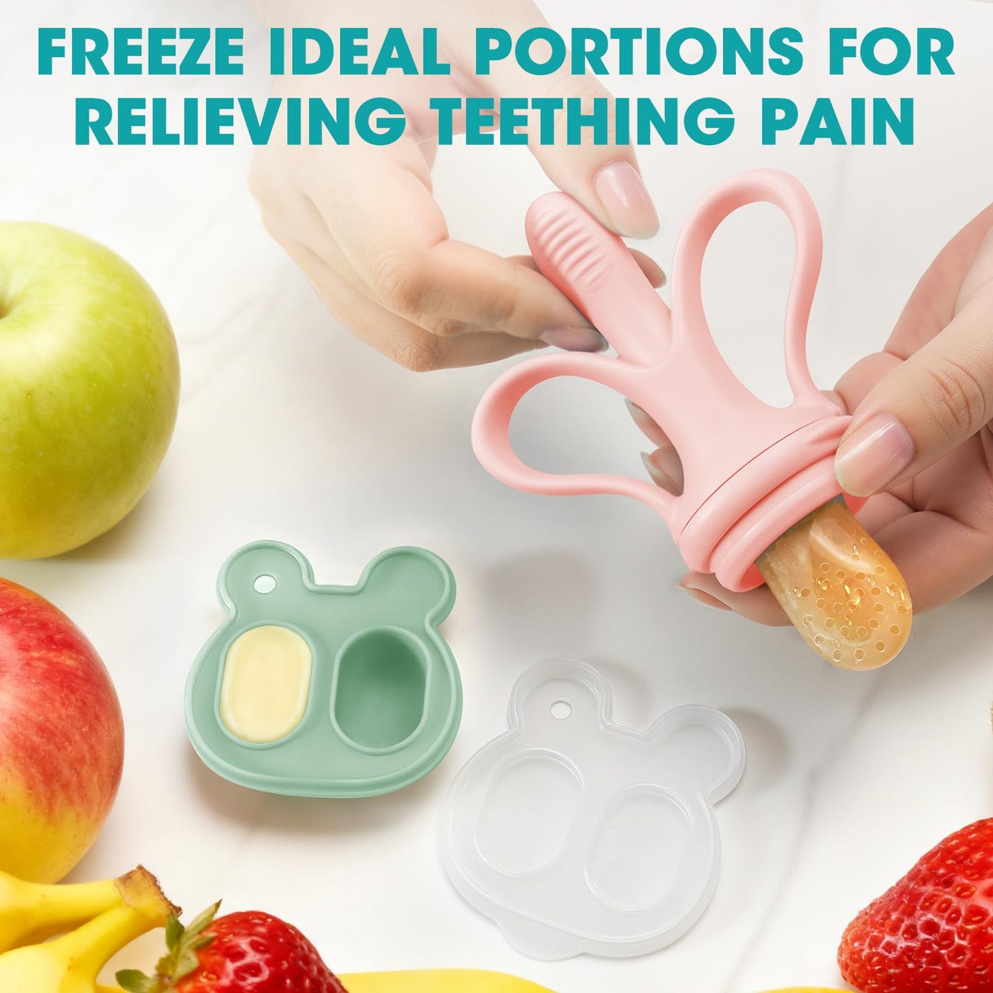 JEXFUN Baby Fruit Feeder & Breastmilk Popsicle Mold Set, Silicone Food Feeder Pacifier for Cooling Relief with 3 Replaceable Pouches, BPA-Free Teething Toy for Safe Infant Self Feeding (Pinkish)