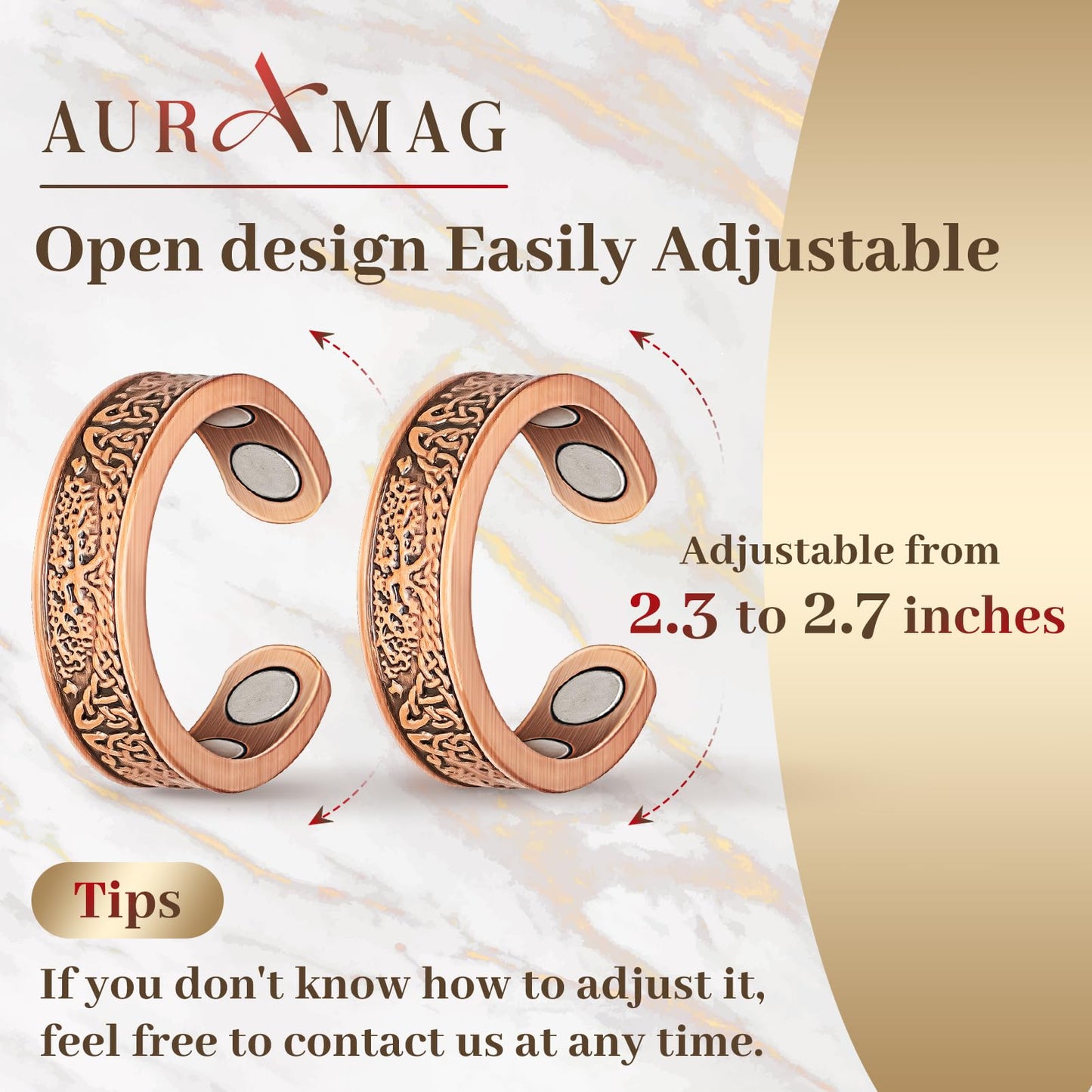 Auramag Copper Rings for Women, Lymphatic Drainage Ring 100% Pure Copper Thumb Rings with 3500 Gauss Magnets, Adjustable Jewelry Gift (2 PCS)