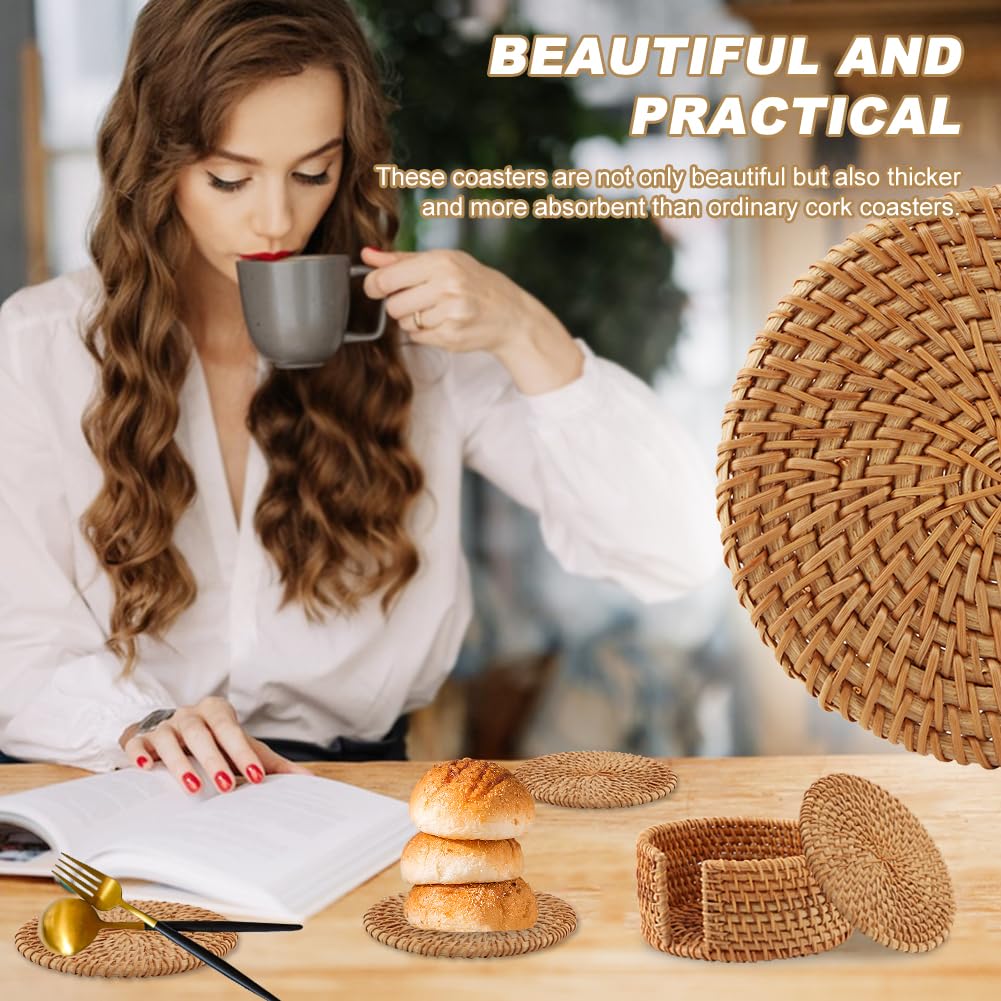 6pcs Handmade Rattan Coaster Set with Holder - Wicker Coasters, Heat-Resistant Drink Coasters for Coffee Table, Housewarming Gifts, Home Decor