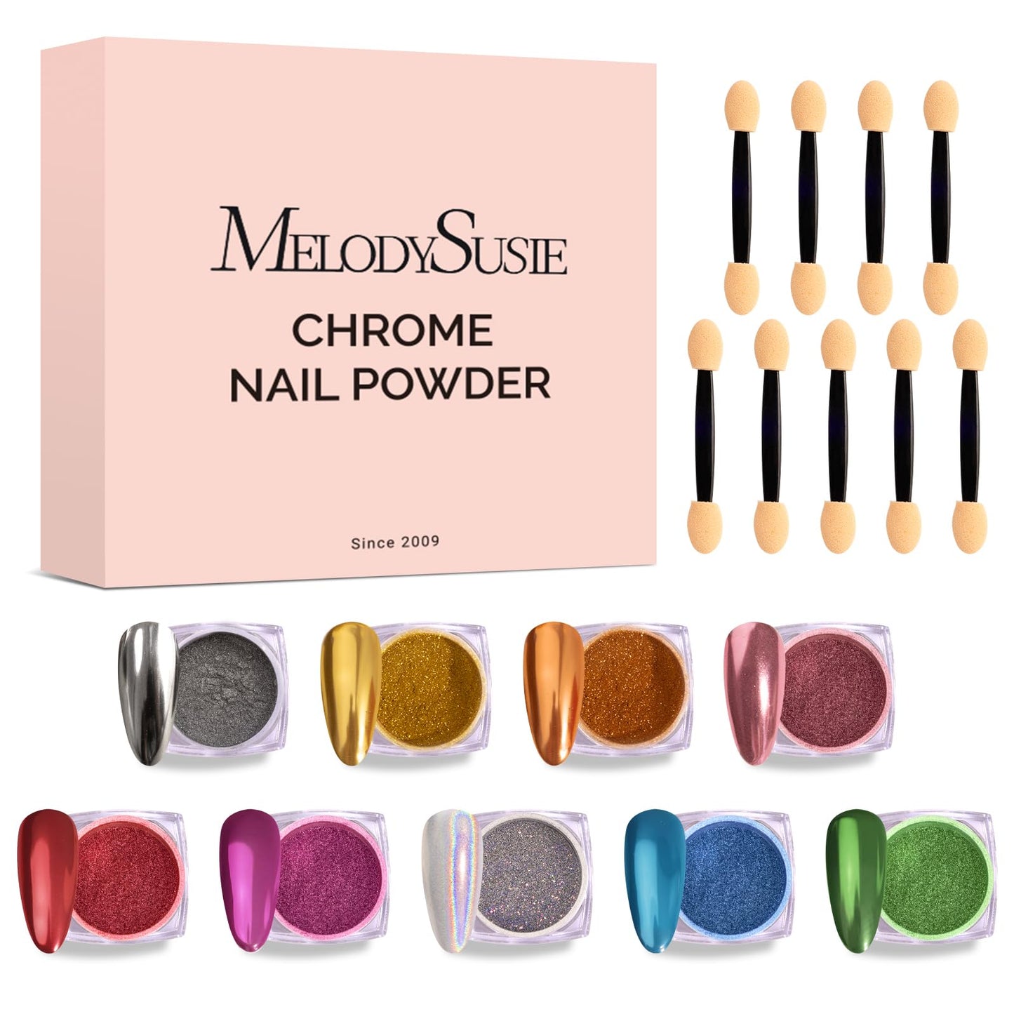MelodySusie 9Pcs Chrome Nail Powder for Gel Nails,Metallic Mirror Effect Pigment Stylish and Technological Fine Glitter for Home DIY Salon Use