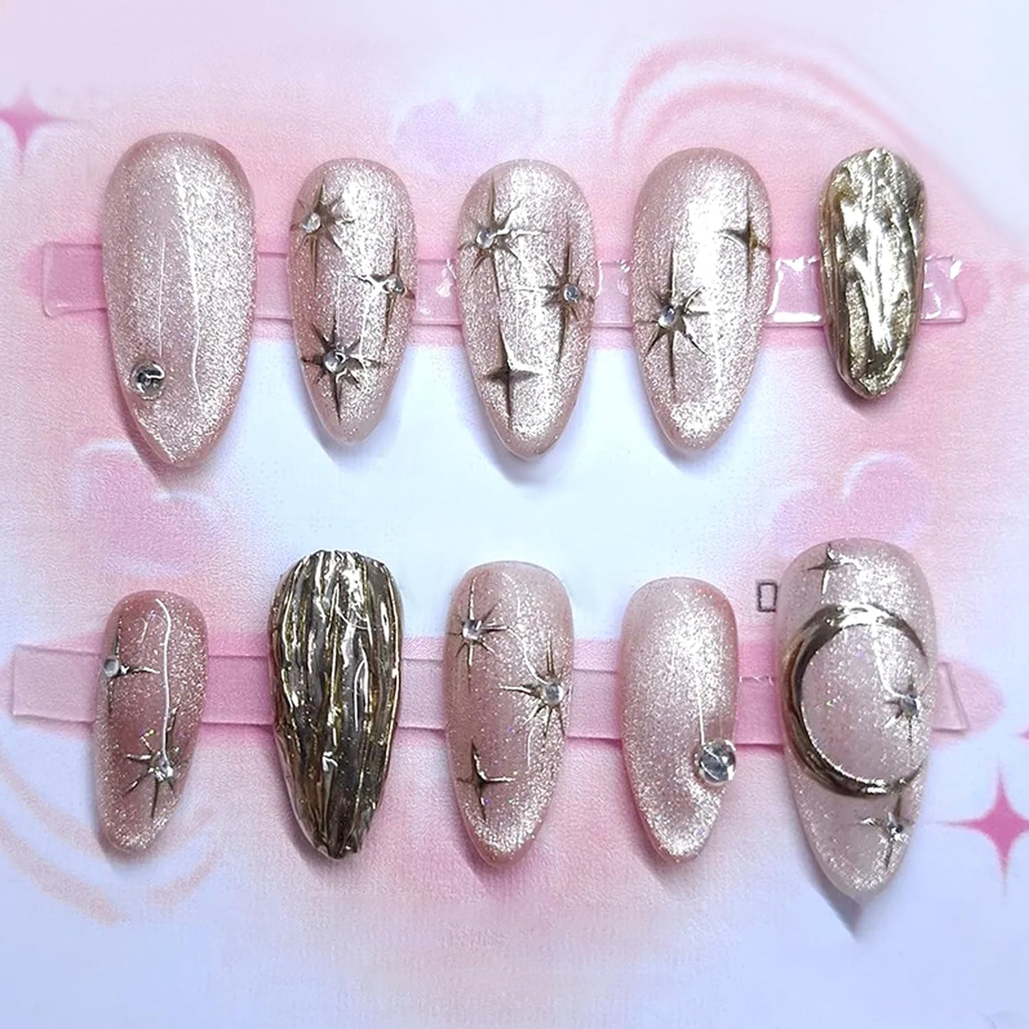 30Pcs Pink Glitter Press on Nails Almond Medium 3D Stars Sparkling Handmade False Nails Kit Glossy Full Cover Cute Stick on Nails Rhinestone Nails for Sweet Girl Star Moon DIY Manicure
