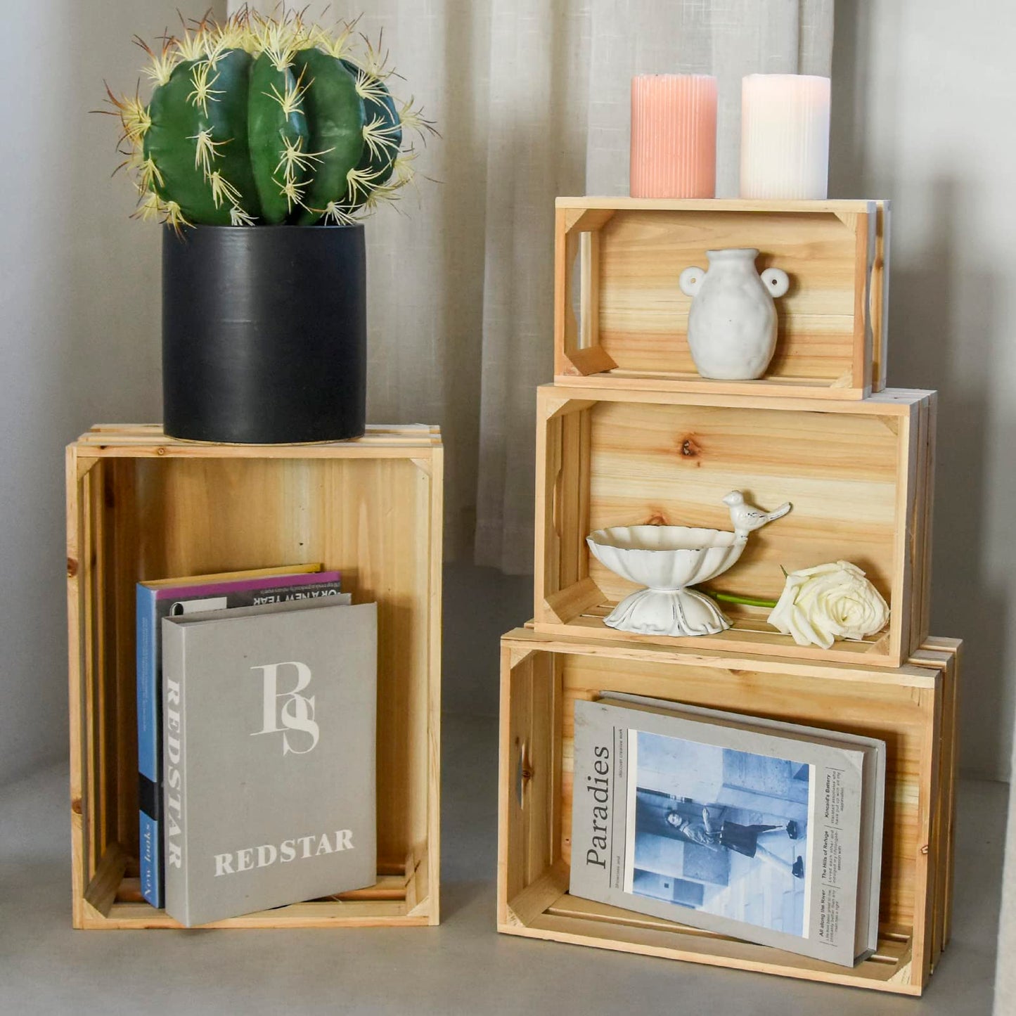 UPPER DECOR Large Wooden Crates Unfinished Set of 4 Decorative Storage Box with Handles, Rustic Farmhouse Wooden Crates for Display, Living Room Container Basket Box for Kitchen, Pantry, Bedroom