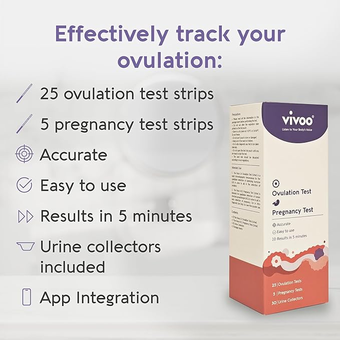 Vivoo Ovulation and Pregnancy Test Kit: Track Your Cycle and Test Results with Vivoo App, Includes 25 Individually Wrapped Ovulation (LH) Tests, 5 Pregnancy (HCG) Tests with 30 Cups