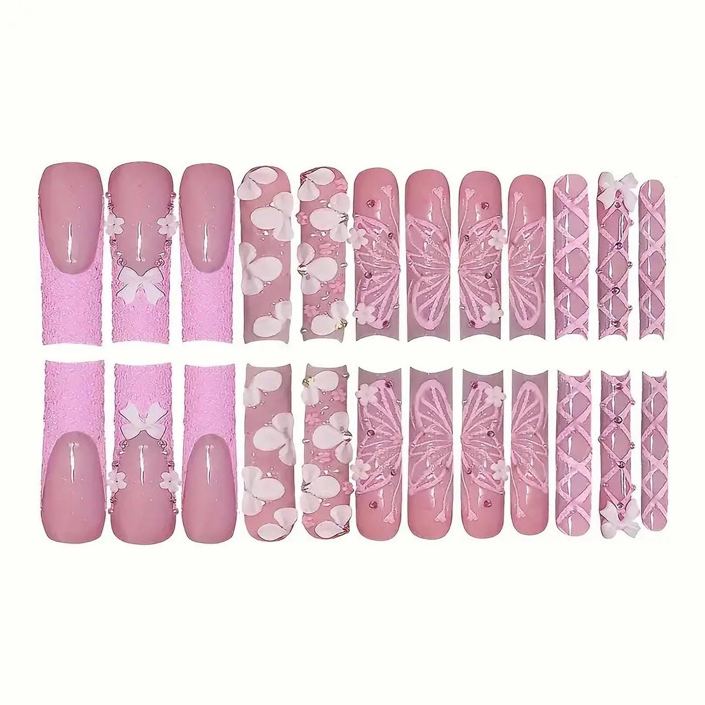 MISUD Press on Nails - Long Square Fake Nails with Pink French Tip, Acrylic Flower Butterfly Design 24 pcs