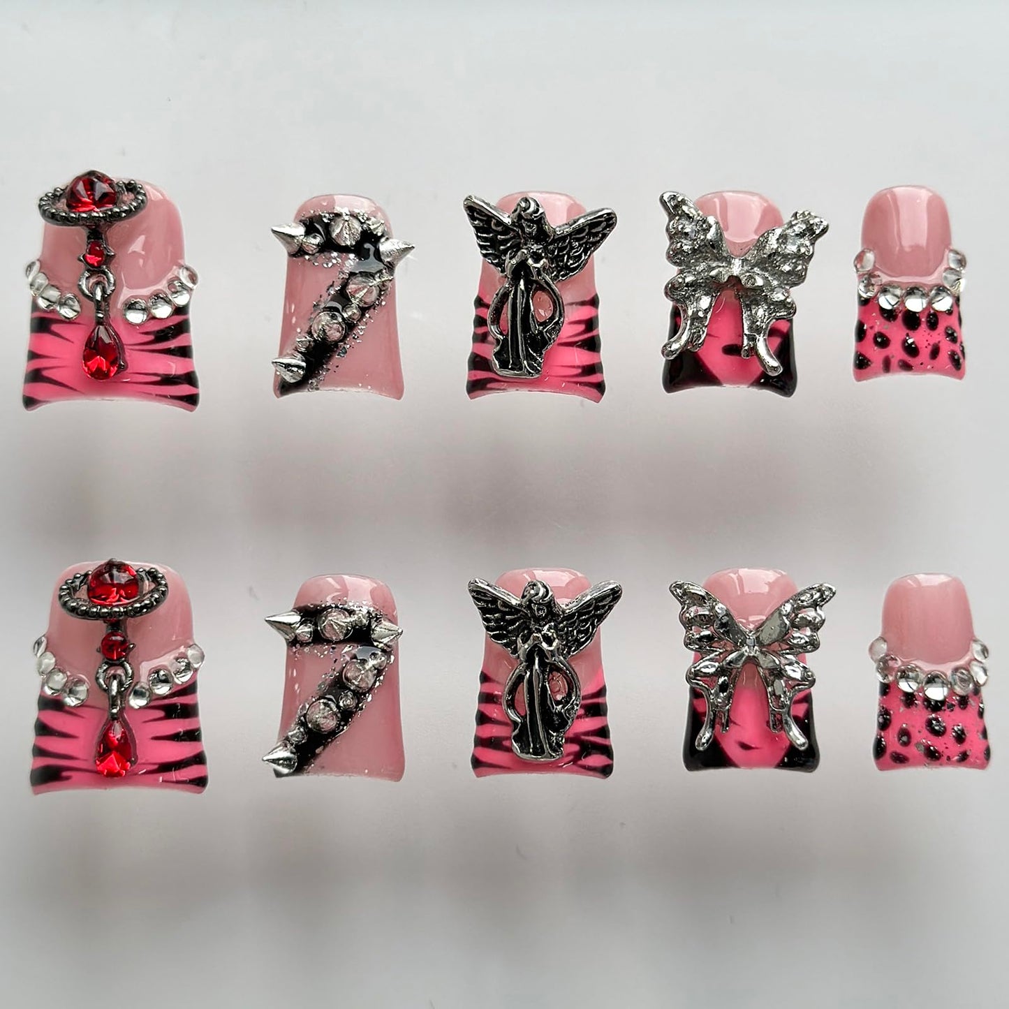 Luxury Press on Nails Short Duck Handmade 3D Unique Reusable ABS Material Fake Nails Pink French Tip False Nails with Designs Butterfly Rhinestones Rivet Glossy Glue on Nail Thick Acrylic Nail(S)