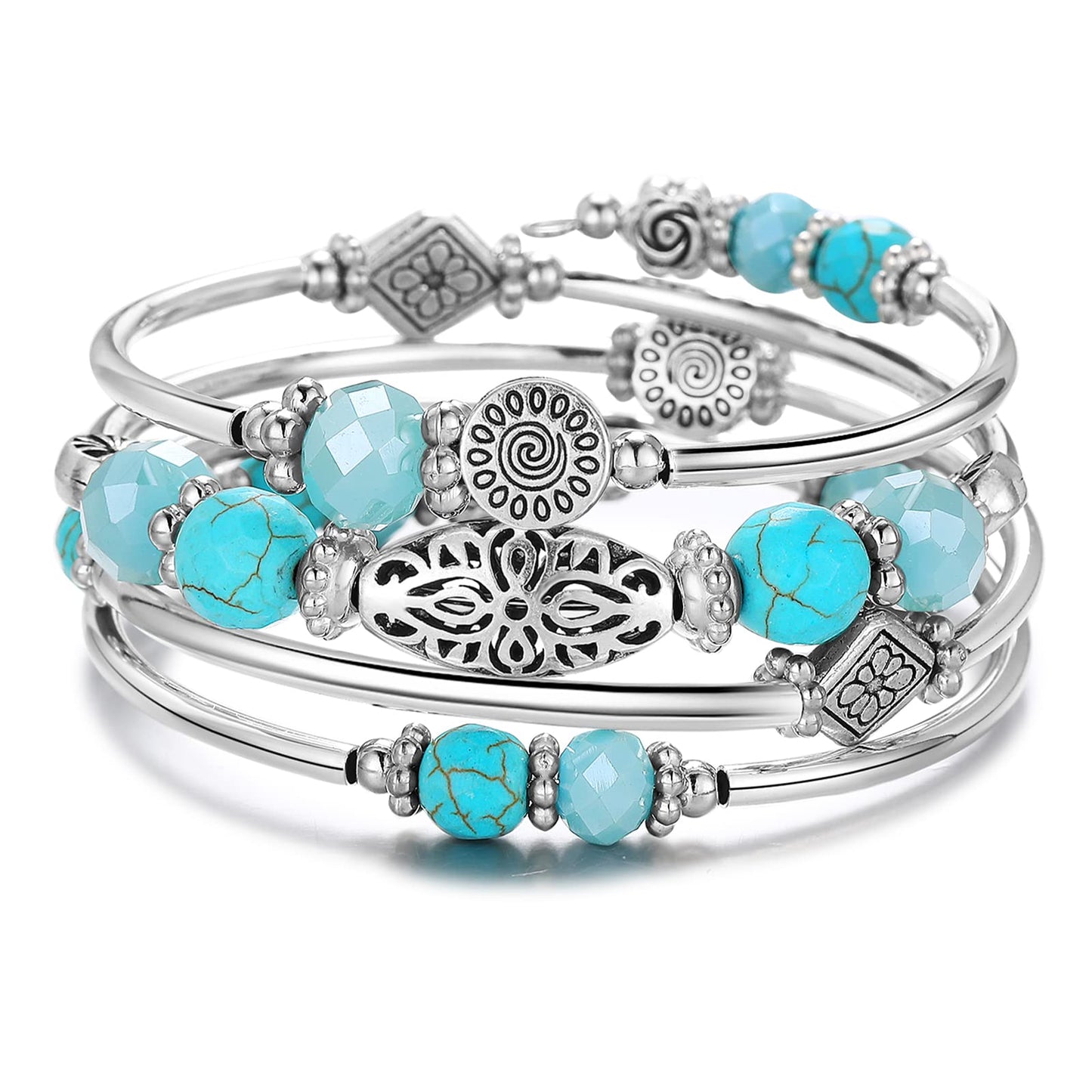 FULU AUTUMN Stackable Beaded Bracelet for Women Boho Wrap Silver Bracelet Layered Fashion Jewelry Gift for Her (Turquoise 2)