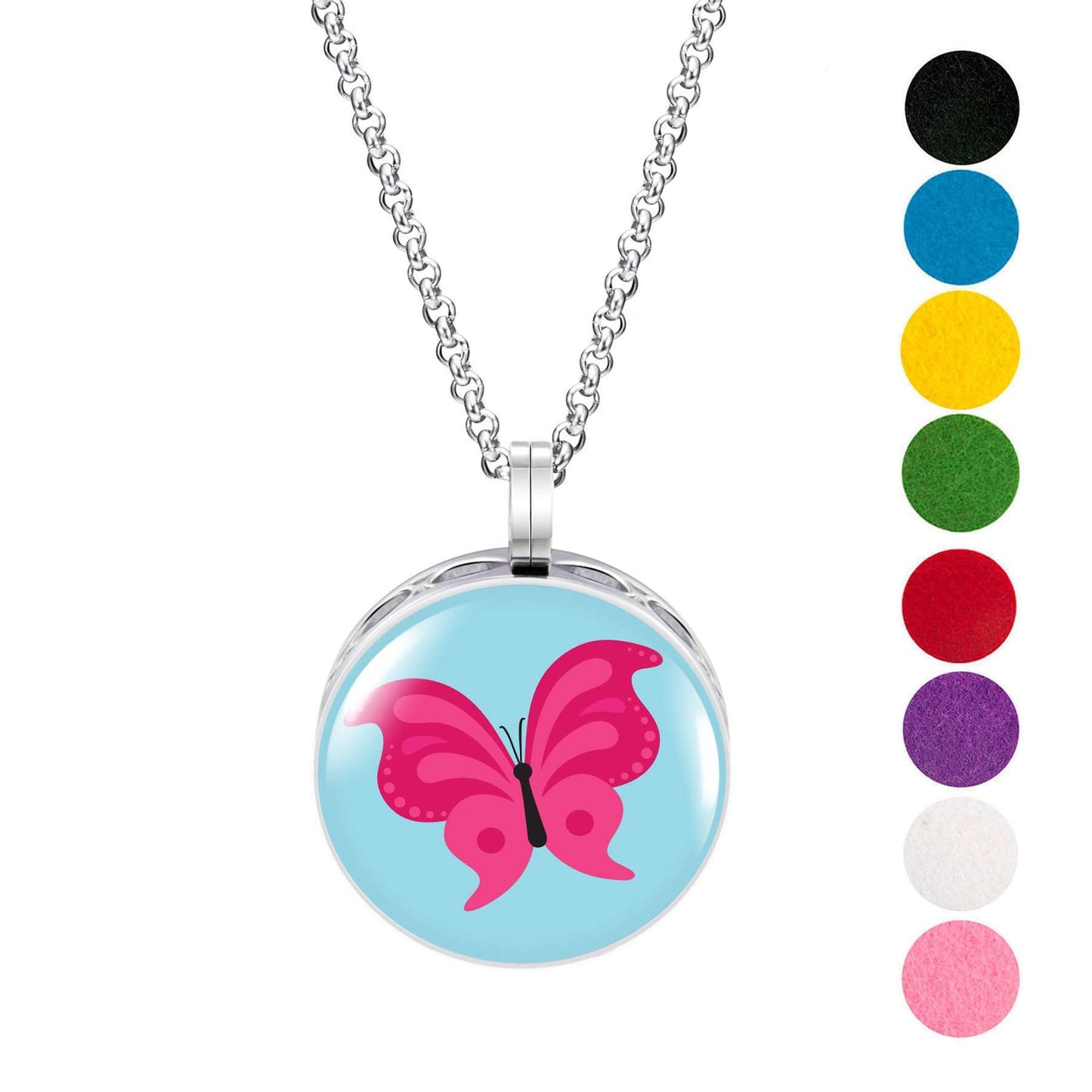 Wild Essentials Pink Butterfly Enamel Finish Essential Oil Diffuser Necklace Gift Set - Includes Aromatherapy Pendant, 24" Stainless Steel Chain, 8 Color Refill Pads
