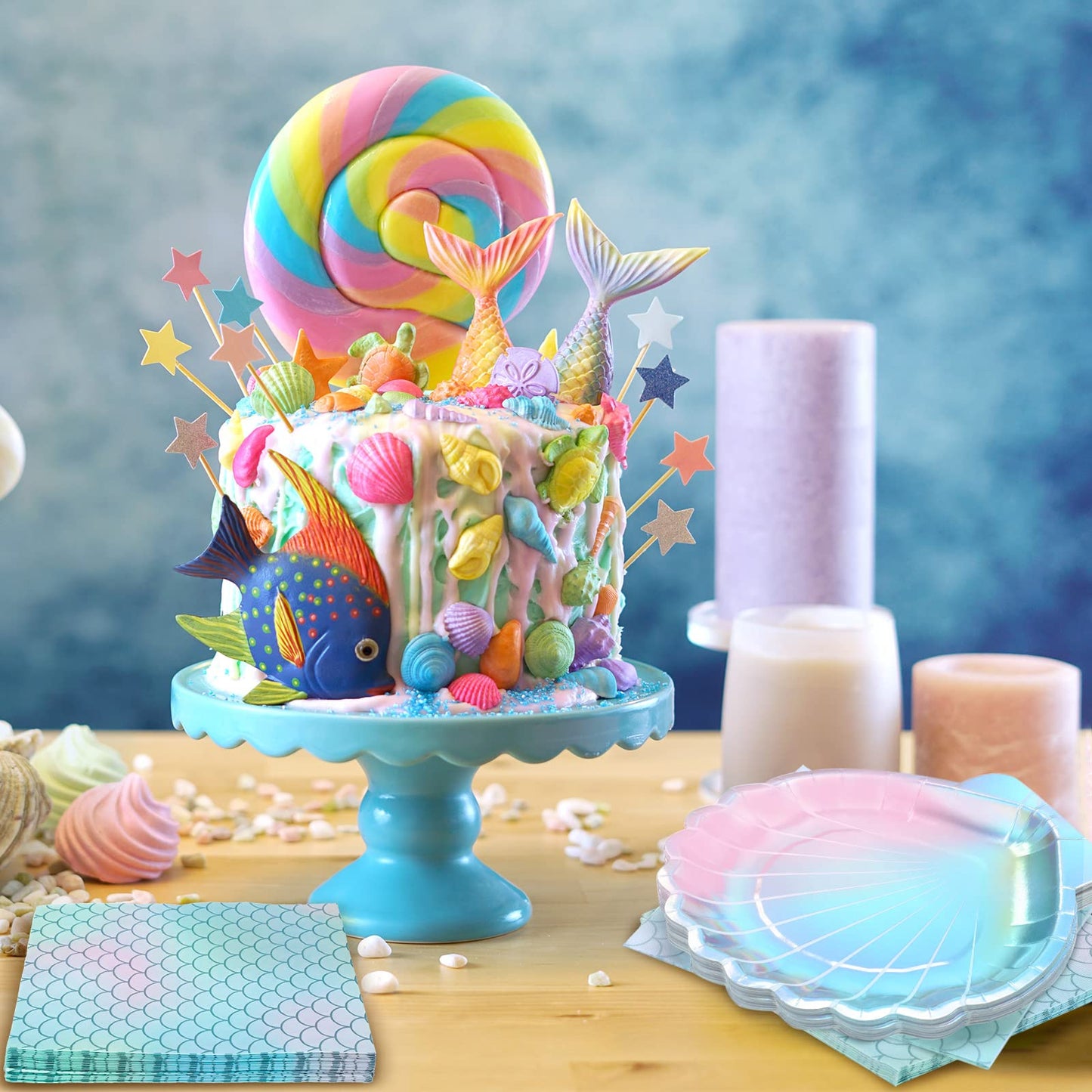 Gersoniel 40 Pcs Iridescent Mermaid Party Supplies Set, 20 Clam Shell Plates and 20 Scales Napkins Mermaid Party Decorations Disposable Paper Plates and Napkins Seashell for Birthday (Shell)