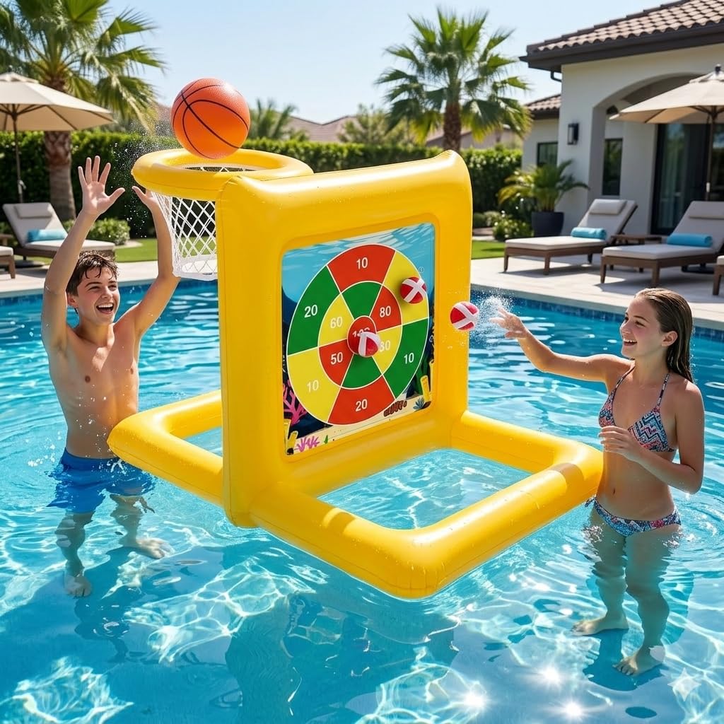 Gerosi Pool Toys for Kids & Adults, 2-in-1 Pool Basketball Game & Dart Board Game Set, Pool Party Games for Kids Ages 6+ and Adults, Family Backyard Pool Games