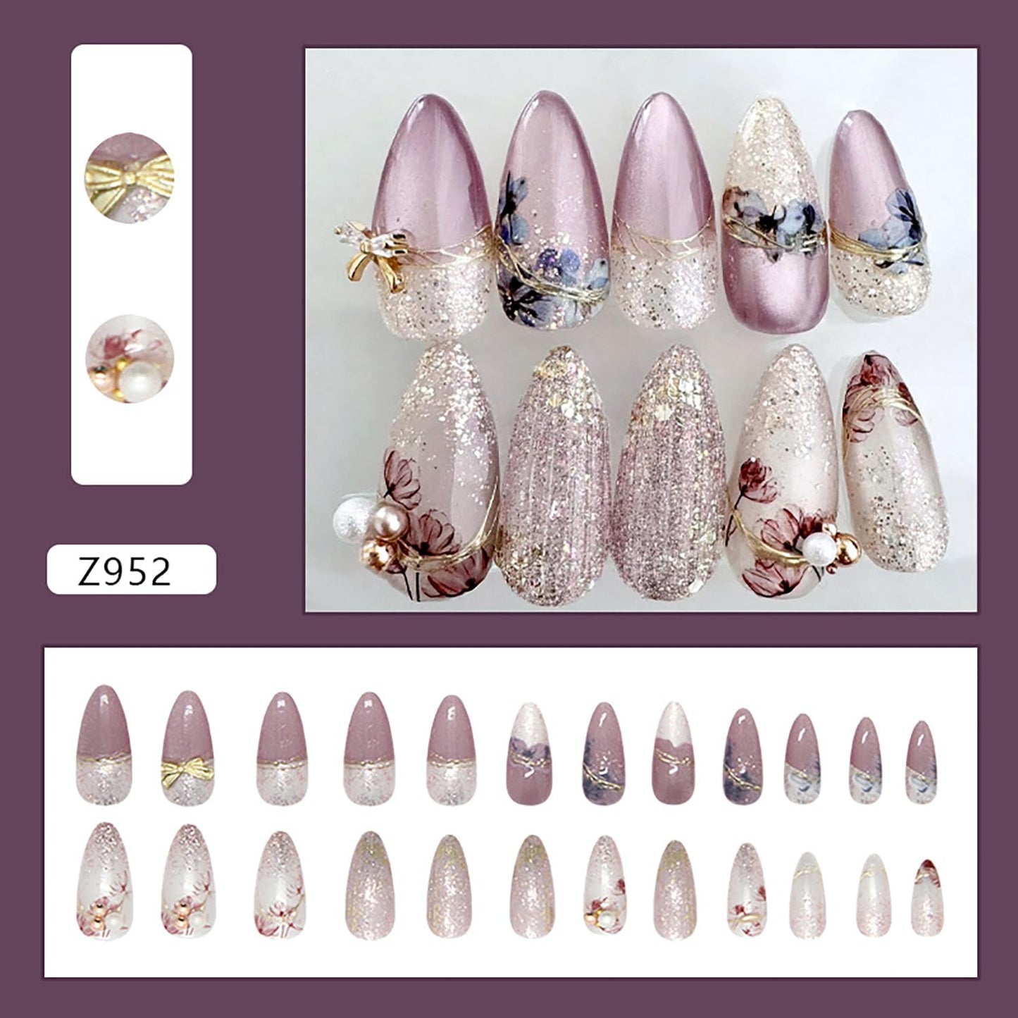Flower 3D Press on Nails Almond Medium Pearl Bow Design Purple French Acrylic False Nail Full Cover Glitter Powder Artificial Fingernails Press Ons Floral Stick on Nails DIY Glue on Nails for Women