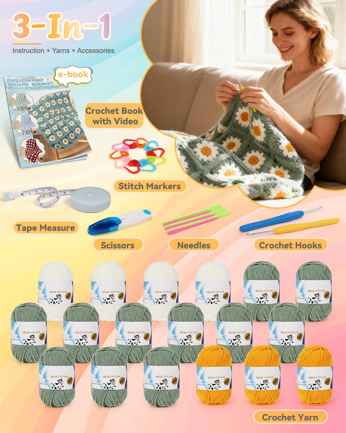 Coopay Crochet Kit for Beginners, Crochet Starter Kit for Blanket, Granny Squares Video Instructions, Easy to Learn Knitting for Beginner