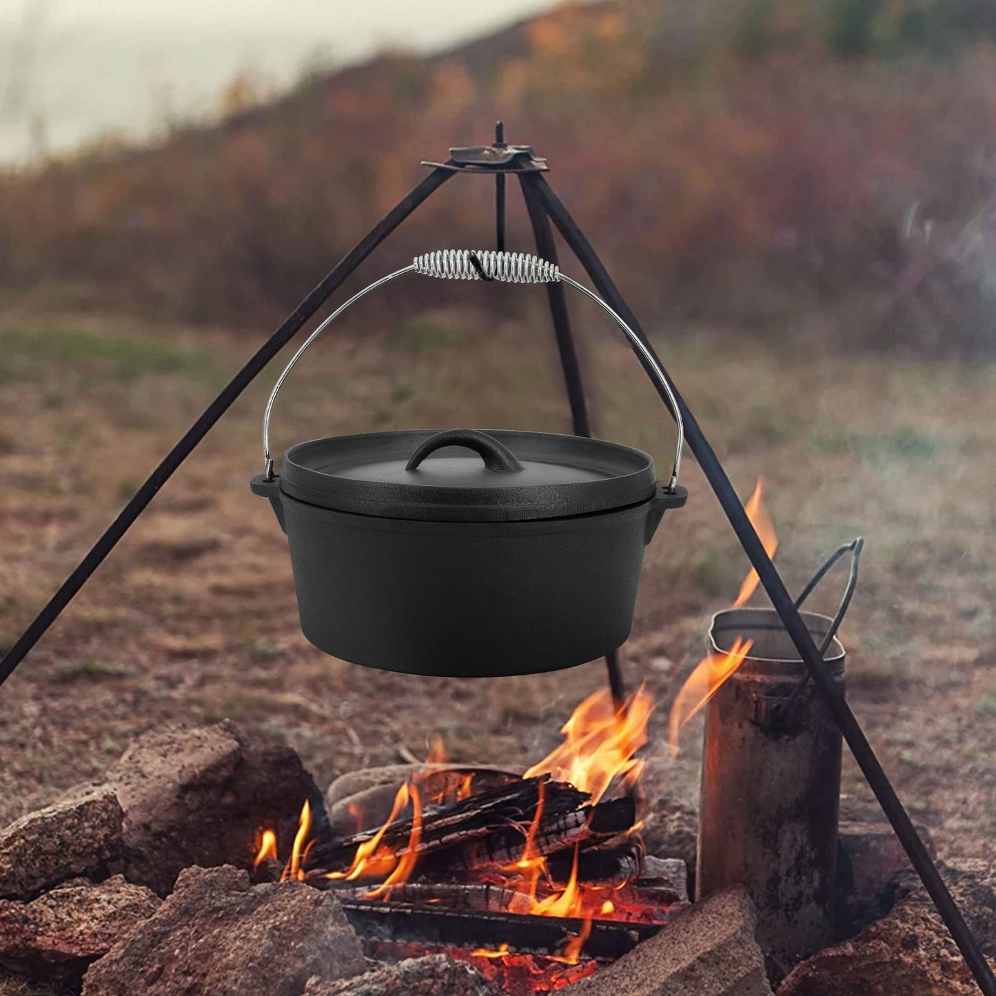 8 Piece Pre-Seasoned Dutch Oven Cooking Set Cast Iron Camping Kitchen Cookware Bakeware Skillets & Square Grill Pan w/Vintage Carrying Wood Box for Ourdoor Home BBQ Baking
