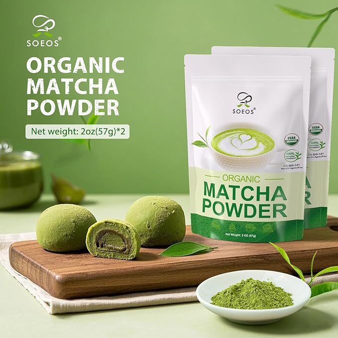 Soeos Organic Matcha Powder, Matcha Green Tea Powder, 2 oz (2 Pack), Total 4 oz, Antioxidant-Rich Japanese Matcha for Lattes, Smoothies and Baking, Recyclable Bags