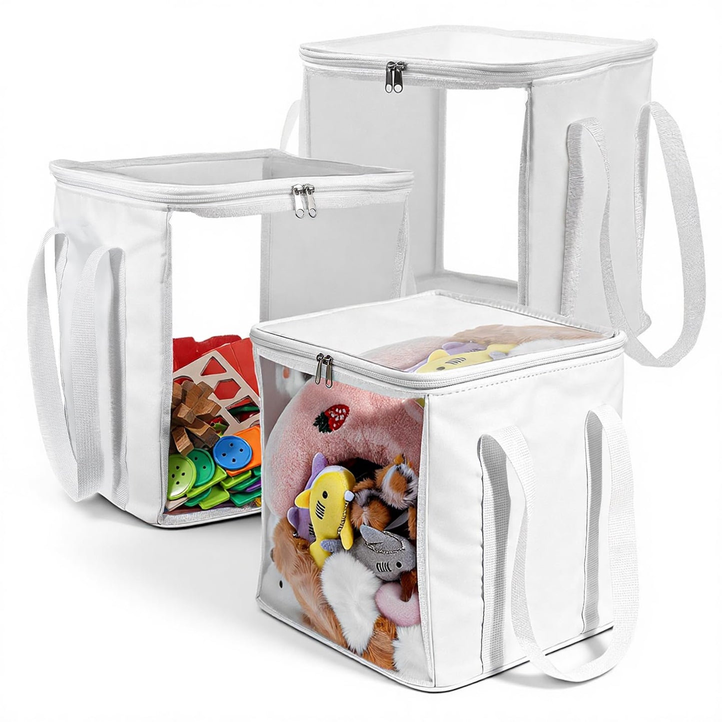 Afcabakila 3 Pack Large Storage Bins, Foldable PVC Organizer Box with Transparent Lid & Handles, Multi-Purpose Toy Clothes Books Home Decor Storage (White, 12 Inch)