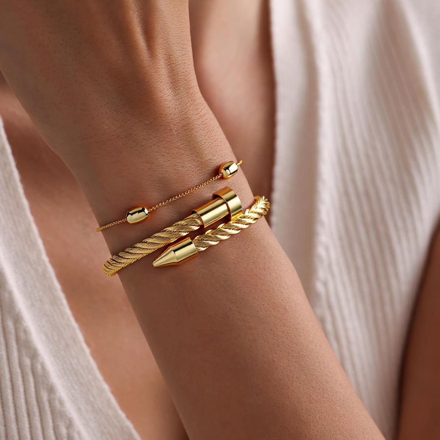 LCTrusttmor Gahna 18K Gold Plated Beads Bracelets for Women, Stackable 18K Gold Plated with Adjustable Link Chain Set Dainty Trendy Jewelry Gifts