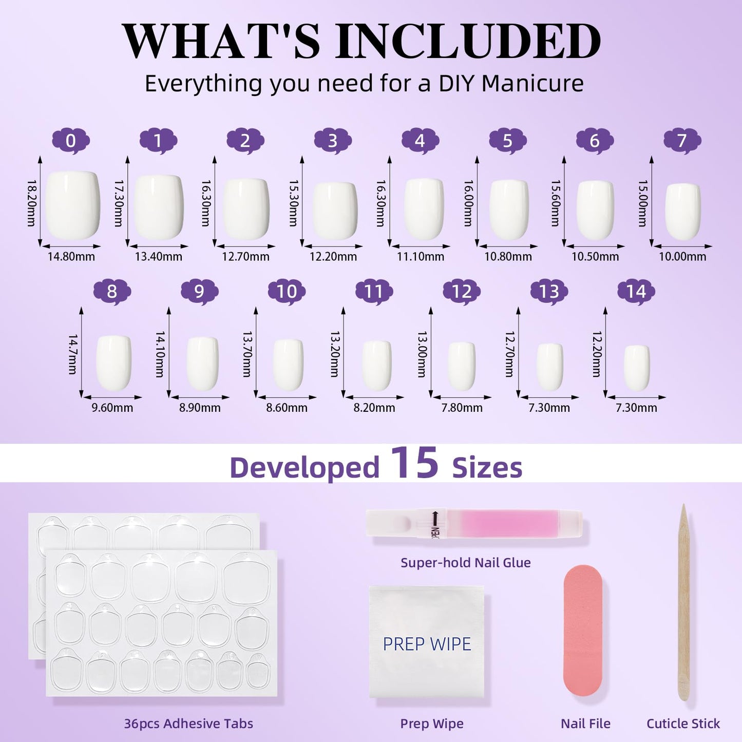 White Press On Nails - Short Square Press On Nails, Glossy Reusable Nails Press Ons for Women DIY Fake Nails 30 Count 15 Sizes Nail Kit with Glue