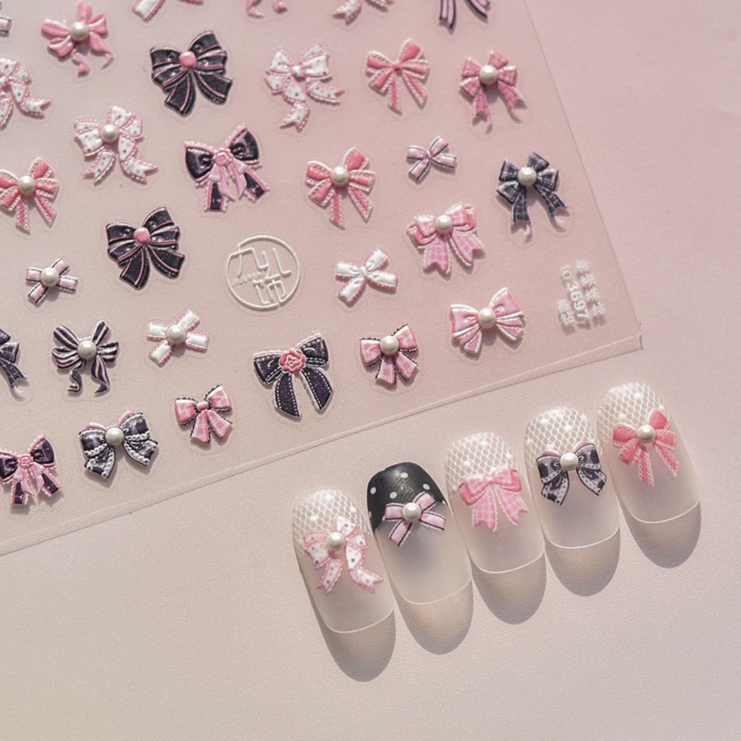 5D Embossed Bow Nail Stickers Pink Black Pearl Bow Tie Design Self-Adhesive Nail Decals Sweet Girly Manicure Decorations for Women DIY Nail Art