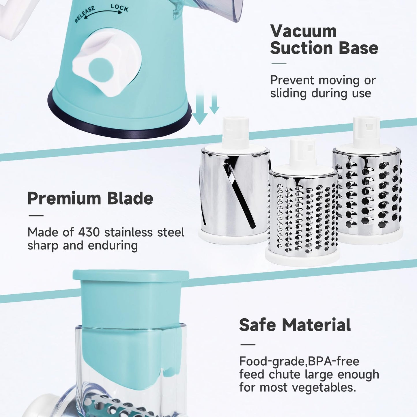 REDPANT Rotary Cheese Grater, Cheese Grater Hand Crank with 3 Interchangeable Blades, Manual Cheese Shredder with Strong Suction Base, Easy to Use and Clean, Blue