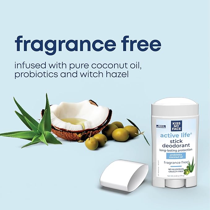 Kiss My Face Active Life Deodorant Contains Naturally Derived Ingredients, 72 Hour Odor Control | Deodorant for Women and Men, Aluminum Free with Coconut Oil and Probiotics, Fragrance Free, 3 pack