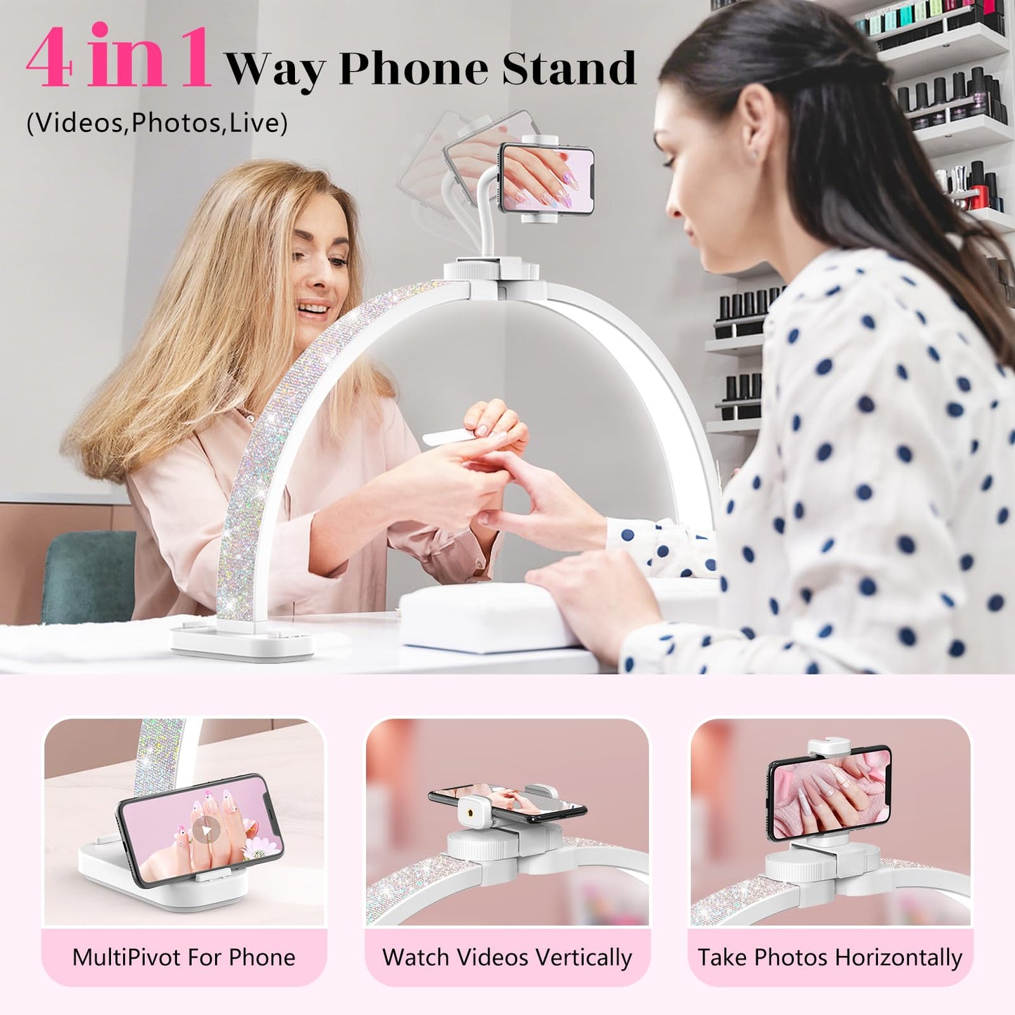 LIONVISON Half Moon Light for Nail Desk: 31-inch Manicure Table Light with Phone Holder for Beginner DIY - 48W Professional Half Moon Lamp for Nail Tech,Eyelash,Makeup,Tattoo
