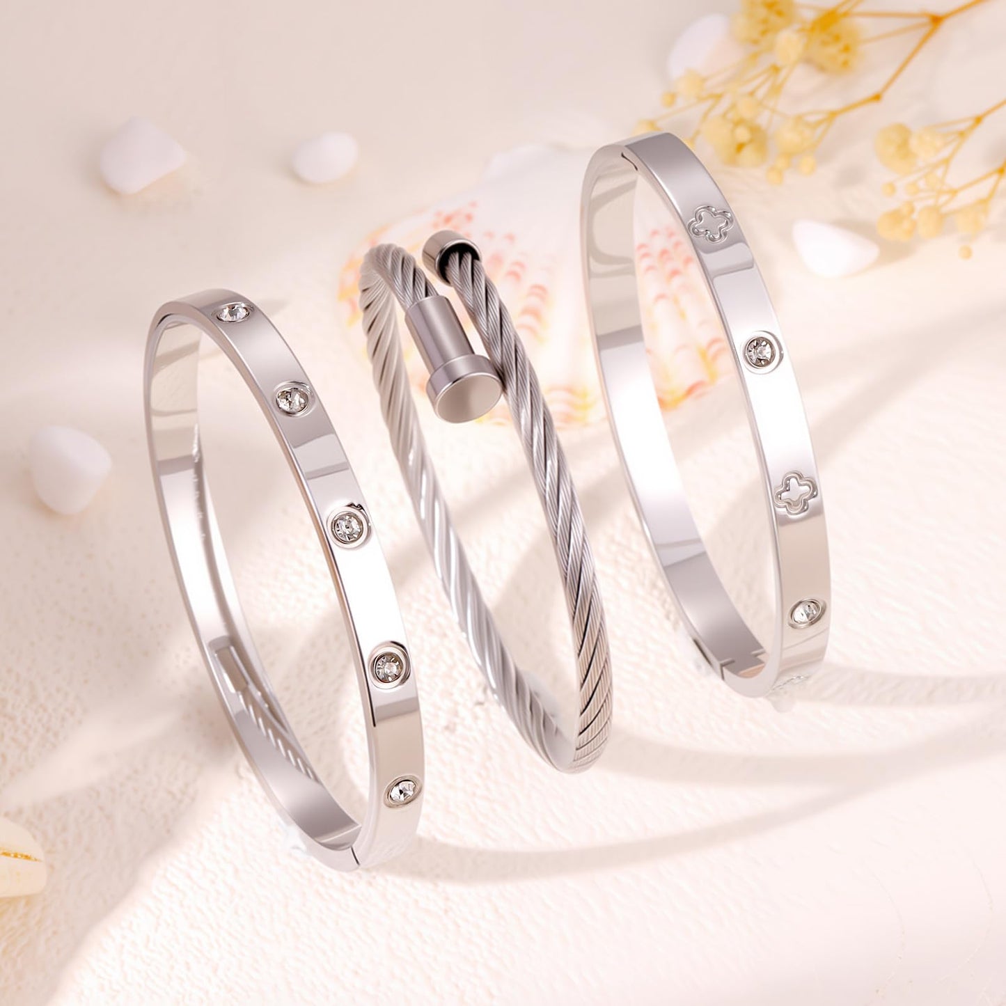 Camhanno Gold Bracelets for Women - Crystal Stackable Bangles with Friendship & Love Theme - Stainless Steel Jewelry, Ideal Birthday Gift (Style 9)