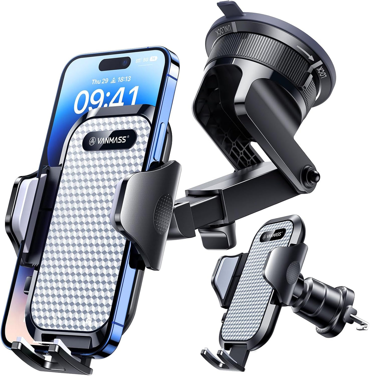 VANMASS [True Military-Grade] Car Phone Holder [Best Suction & Clip] Cell Phone Mount for Dashboard Windshield Vent Truck Cradle Dash Stand for iPhone 15 Pro Max 14 13 12 Android, White
