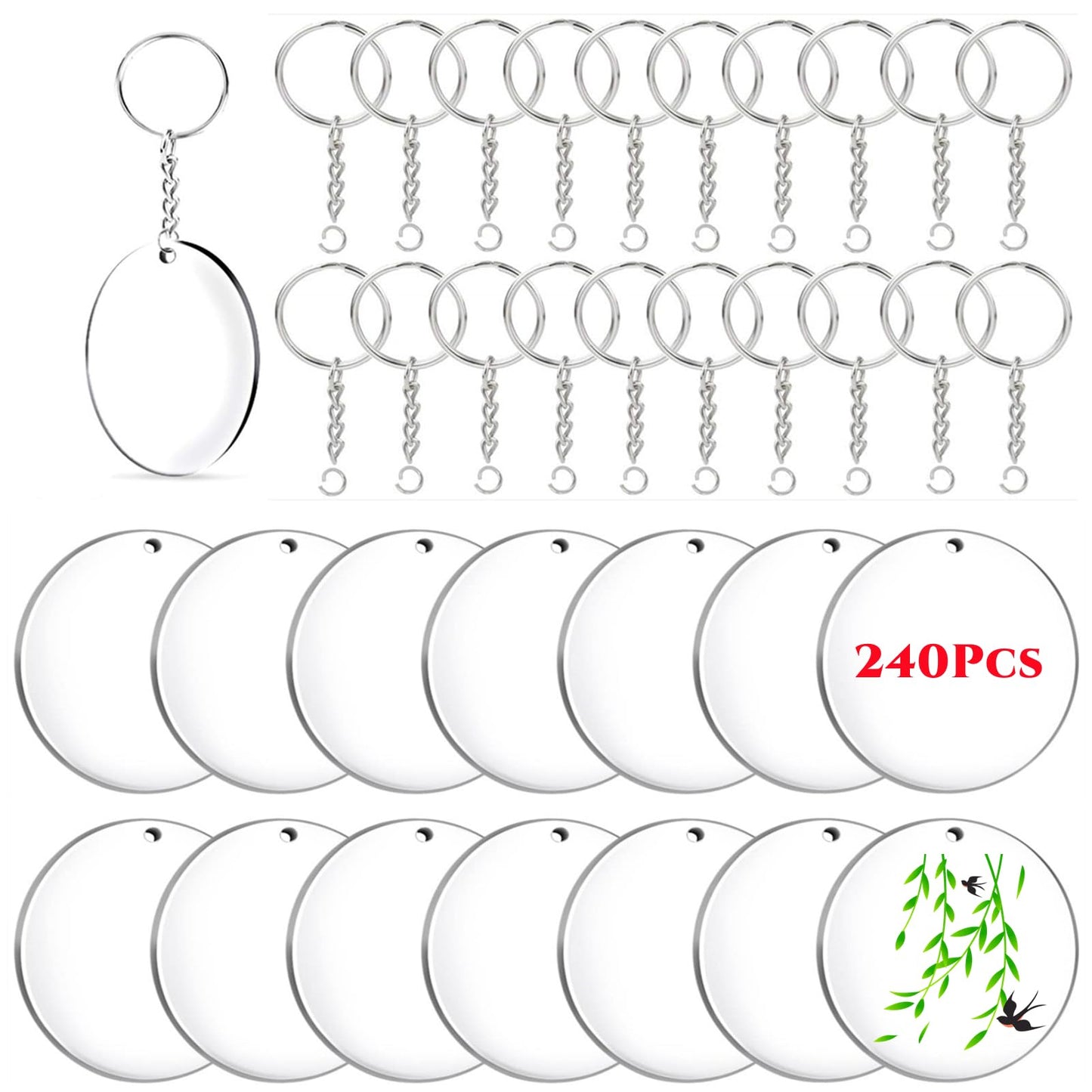 Senbota 240 Pieces Bulk Unfinished Clear Acrylic Keychain Blanks Tag Accessories for Everyday DIY Crafts（Clear）