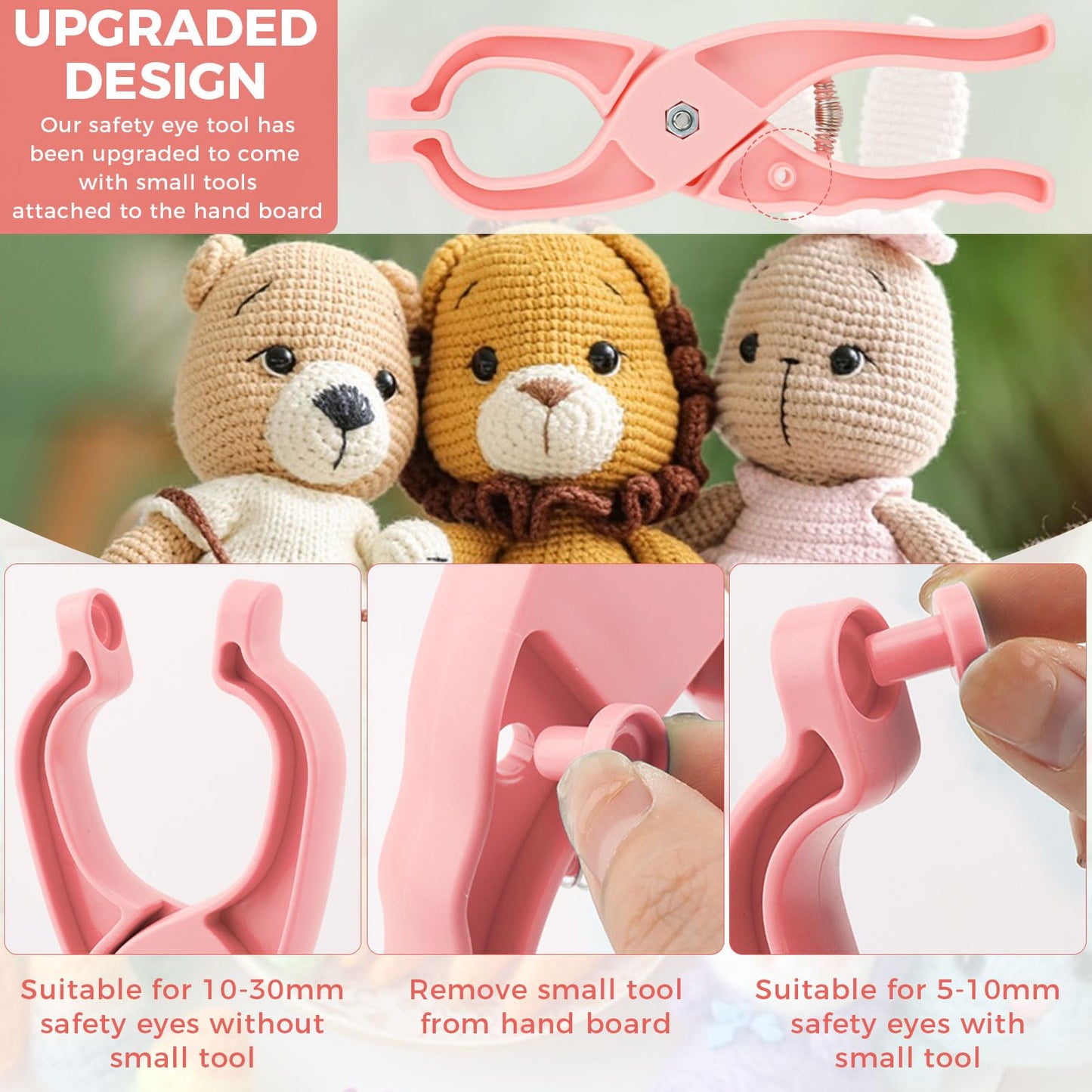 Safety Eye Tool Set with 10–30mm Sizer, Ergonomic Non-Slip Handle, 1150pcs Safety Eyes and Noses Kit for Crochet Amigurumi Dolls and Stuffed Animals, Includes Measuring Ruler and Installing Tool