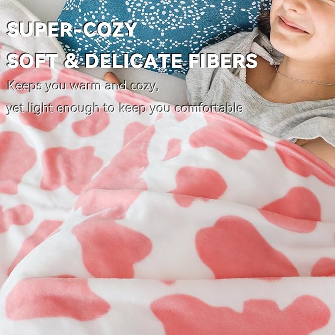 Strawberry Pink Fleece Blanket - Cute Soft Cow Print Throw for Bedroom Decor - Lightweight Warm Fuzzy All-Season Use 50"x60"