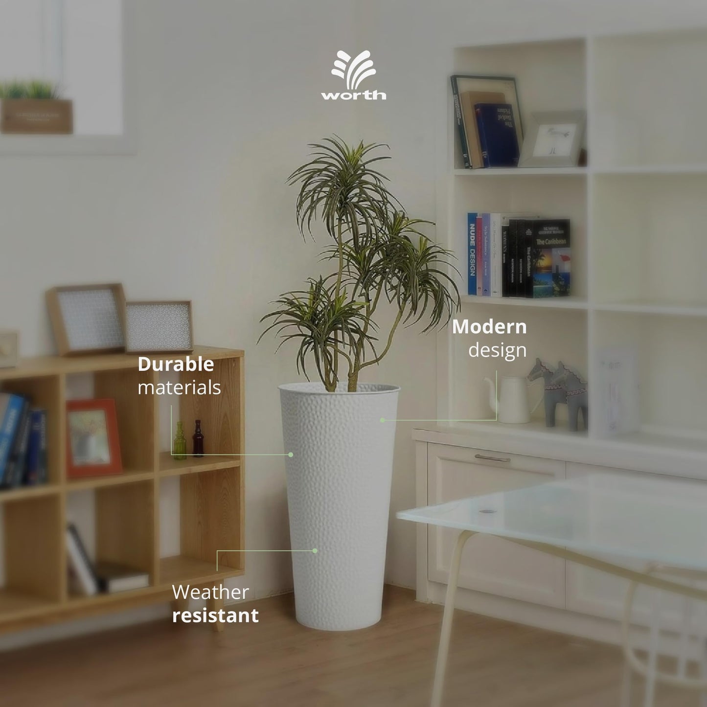 Worth 2 Pack 28" Tall Narrow Metal Planter with Inside Pot for Indoors or Outdoors, Deck, Patio or Front Porch, Hand-Hammered Texture, White