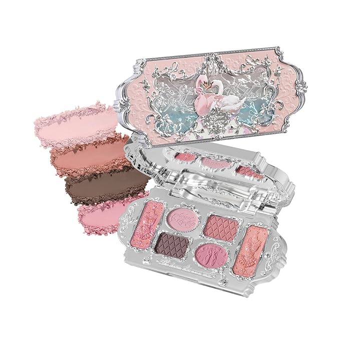 Flower Knows Swan Ballet Six-Color Makeup Palette,Eyeshadow,Blush,Highlighting & Contour All-in-One Face Makeup Palette with 4 Matte+2 Shimmer Pink Shades(03 Pink Swan,0.23 Oz)