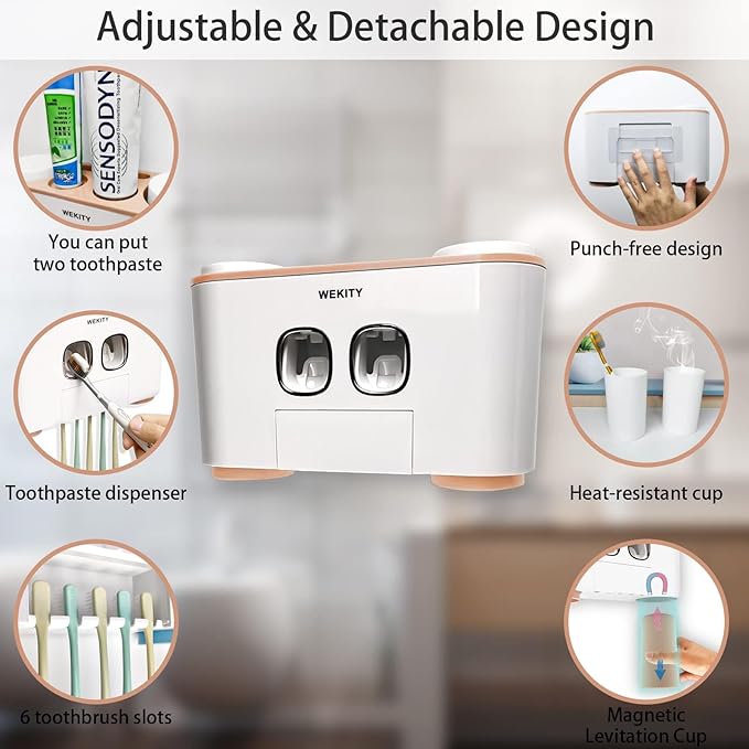 Toothbrush Holder Wall Mounted, WEKITY Multi-Functional Toothbrush and Toothpaste Dispenser for Bathroom, with 5 Toothbrush Slots, 2 Toothpaste Squeezers and 4 Cups(Pink)