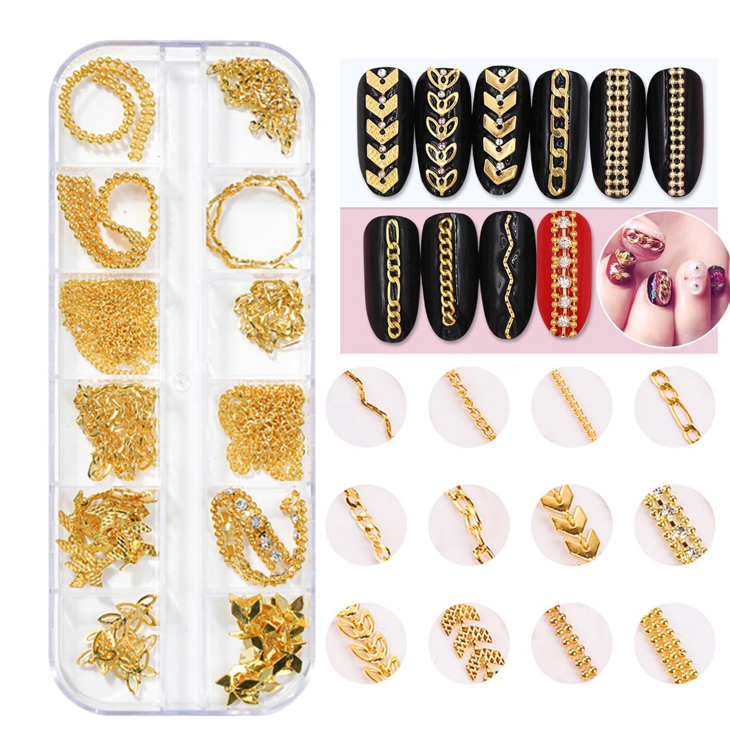 JERCLITY 2 Boxes - 36 Strips Multi-Color and Gold Metal 3D Nail Chains for Nail Art - Punk Nail Charms, Colorful Chains for Nails
